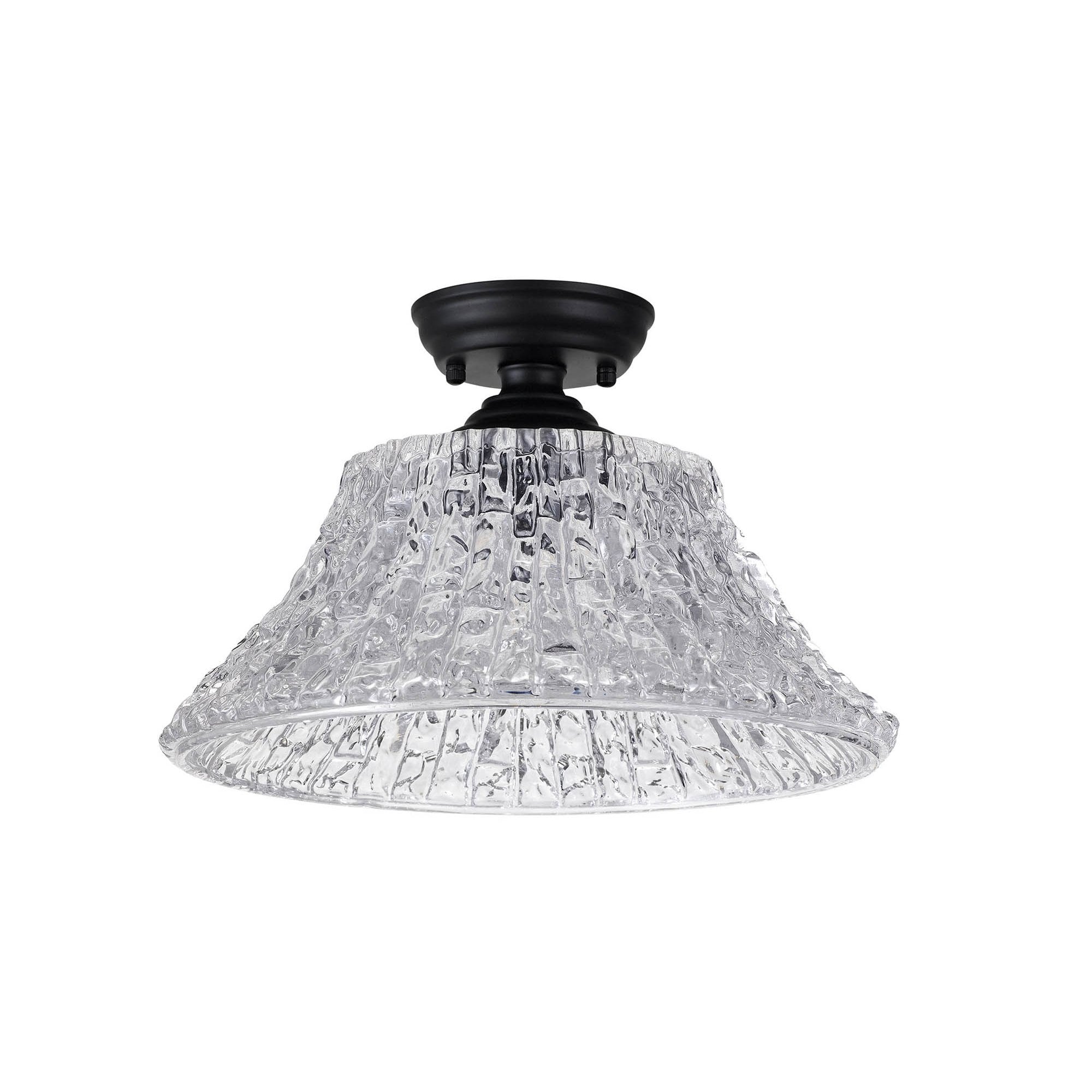 Fabula Mansfield Single Flush Light - 38cm Round Patterned Glass Shade - Matt Black & Clear Glass