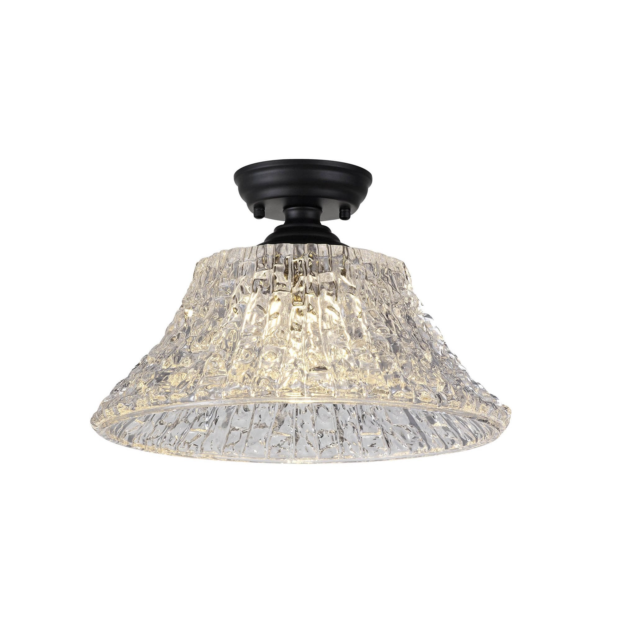 Fabula Mansfield Single Flush Light - 38cm Round Patterned Glass Shade - Matt Black & Clear Glass