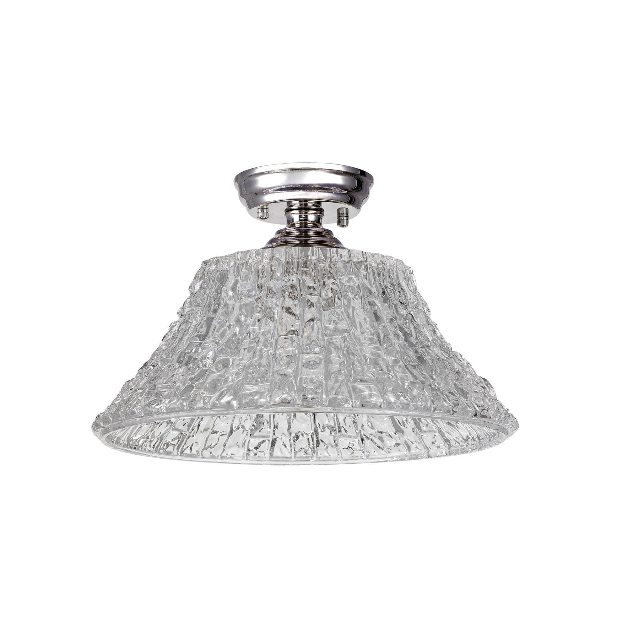 Fabula Mansfield Single Flush Light - 38cm Round Patterned Glass Shade - Polished Nickel & Clear Glass