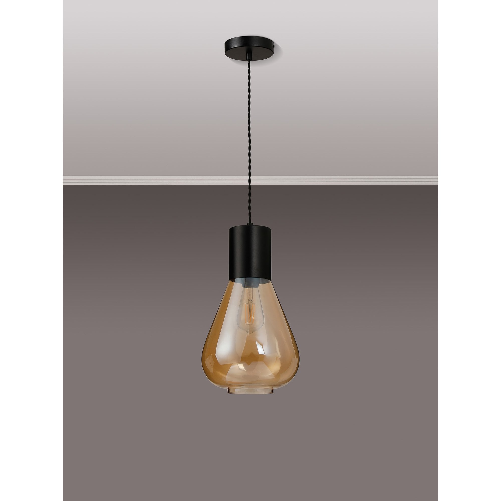 Fabula Maple Narrow Pendant - Satin Black & Amber Glass