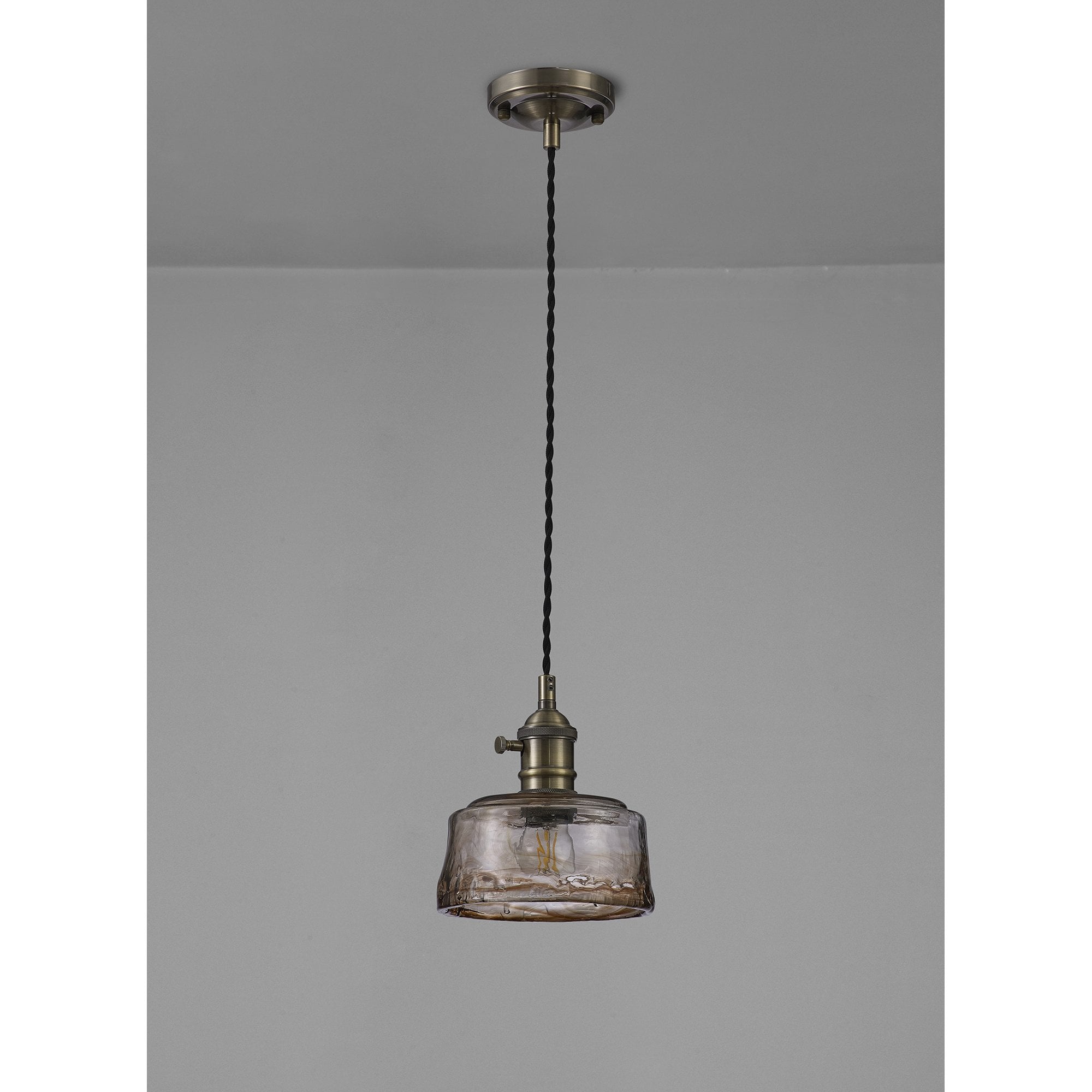 Fabula Merryhill Single Pendant - Antique Brass, Black Twisted Cable & Brown Bowl Glass