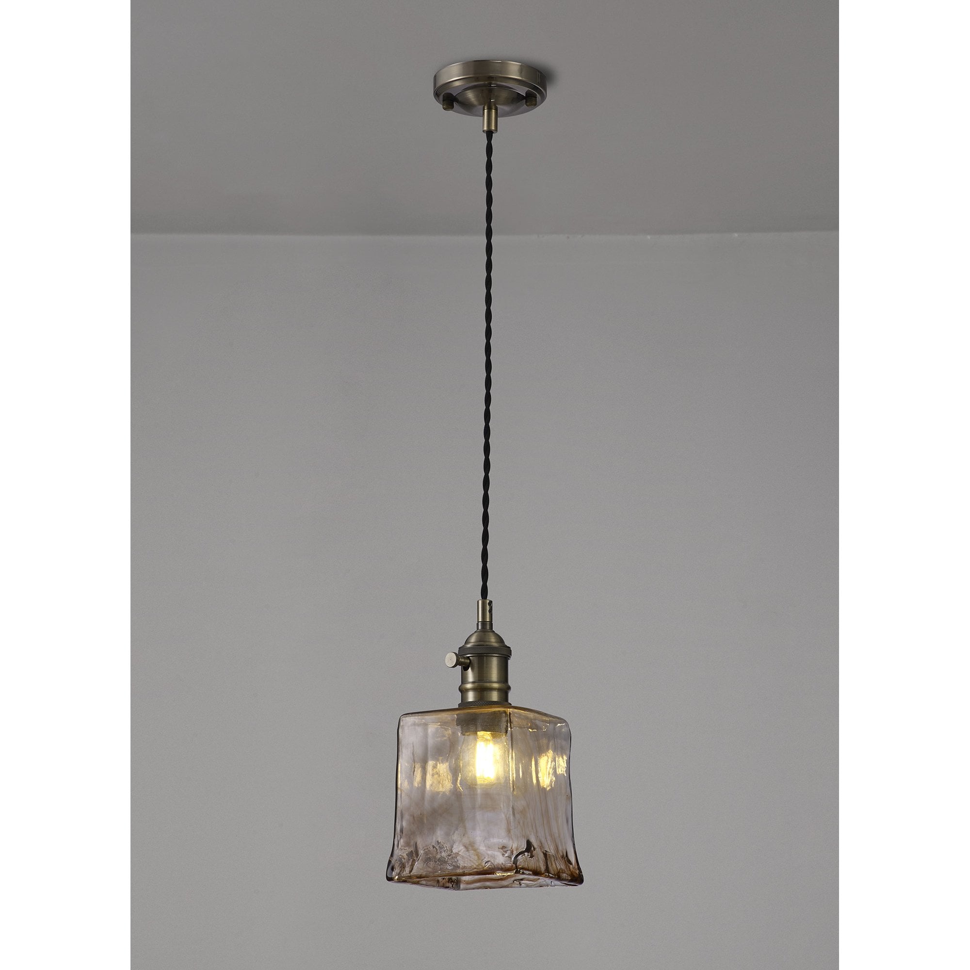 Fabula Merryhill Single Pendant - Antique Brass, Black Twisted Cable & Brown Square Glass