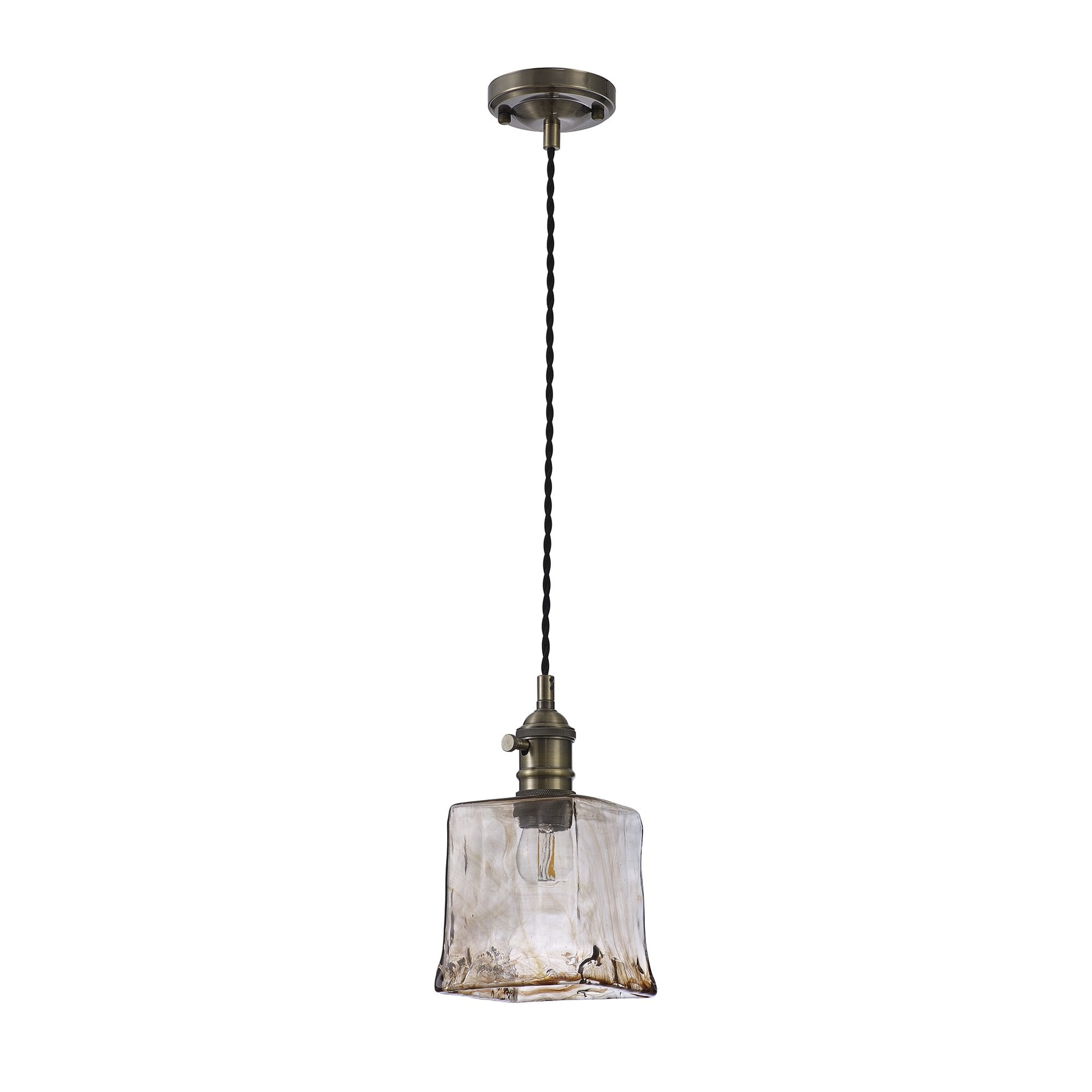 Fabula Merryhill Single Pendant - Antique Brass, Black Twisted Cable & Brown Square Glass