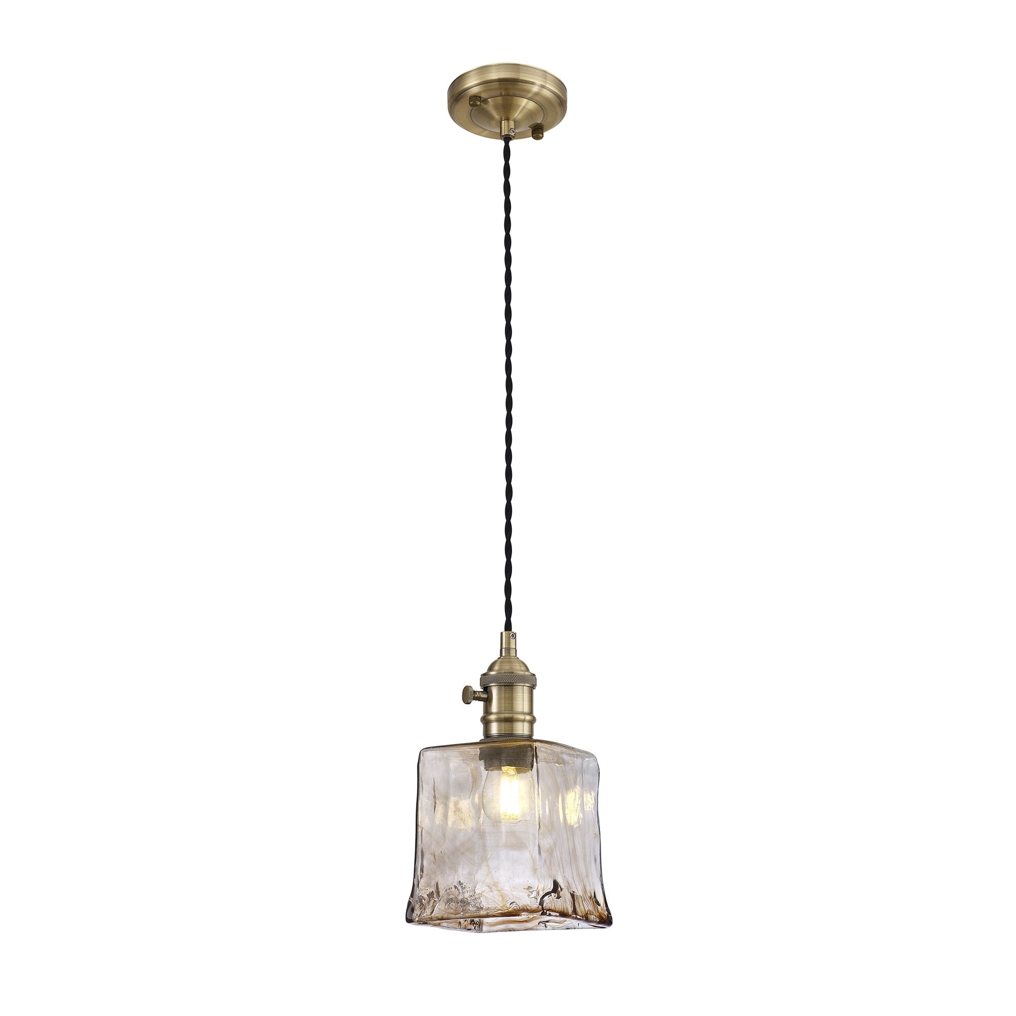 Fabula Merryhill Single Pendant - Antique Brass, Black Twisted Cable & Brown Square Glass