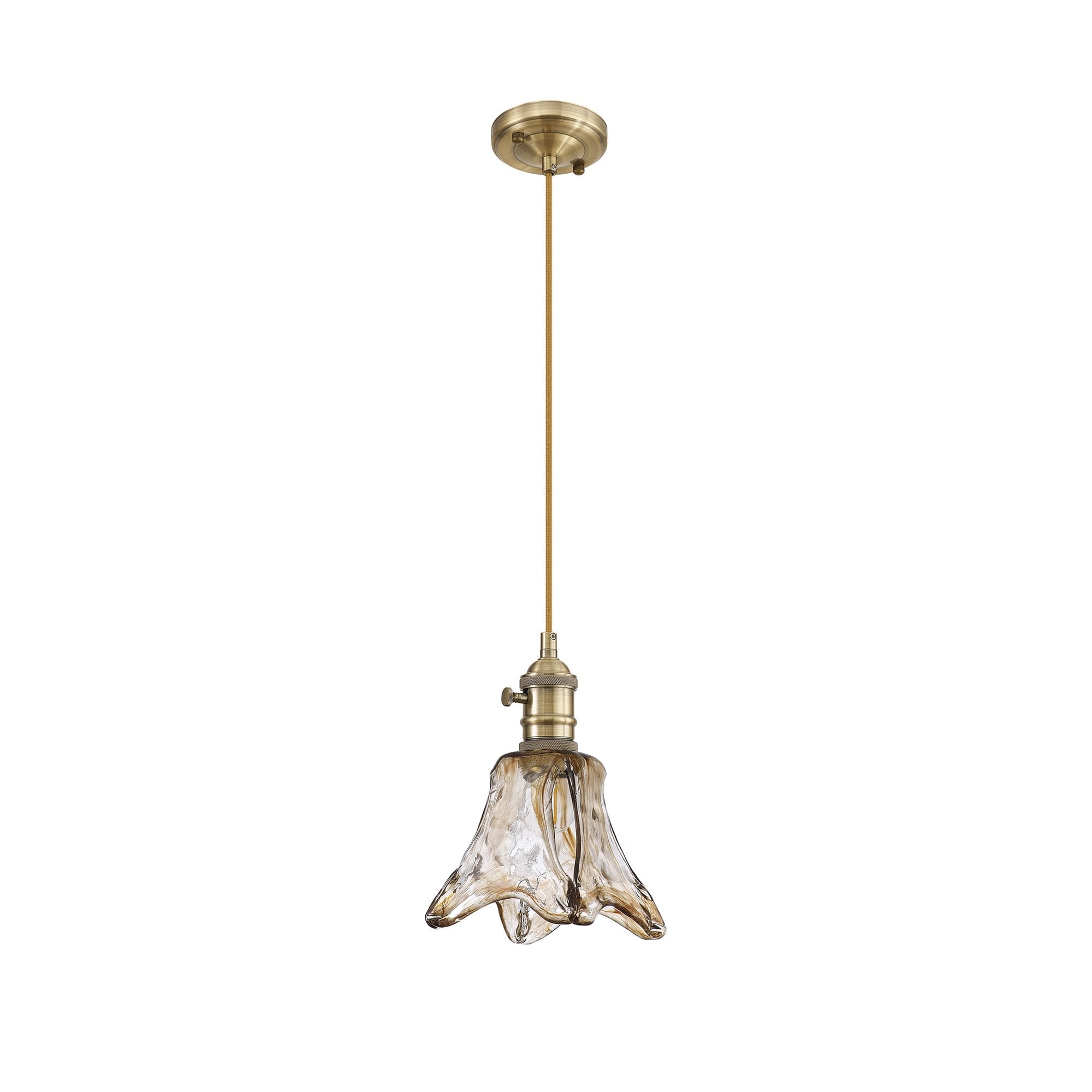 Fabula Merryhill Single Pendant - Antique Brass, Golden Brown Twisted Cable & Brown Flower Glass