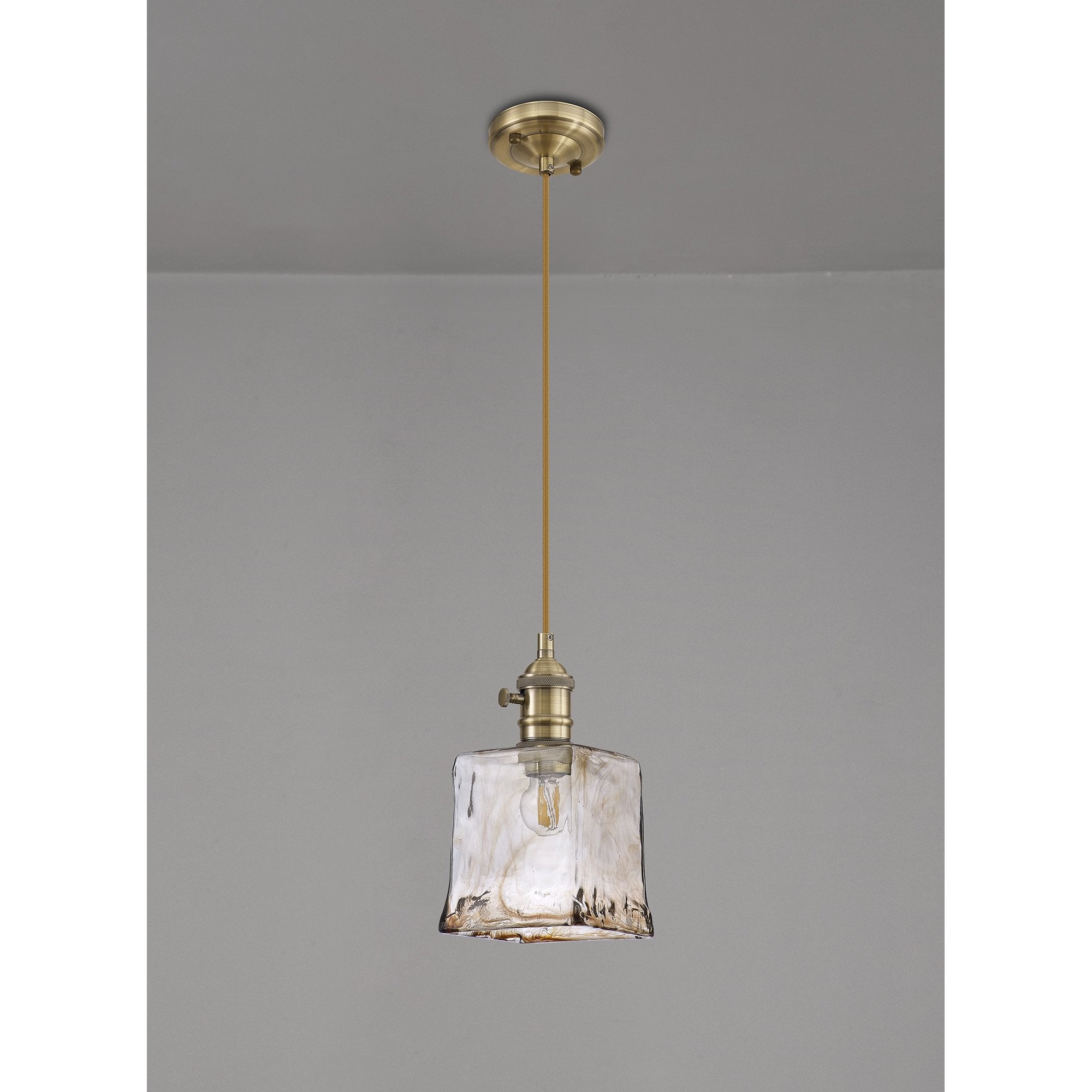 Fabula Merryhill Single Pendant - Antique Brass, Golden Brown Twisted Cable & Brown Square Glass