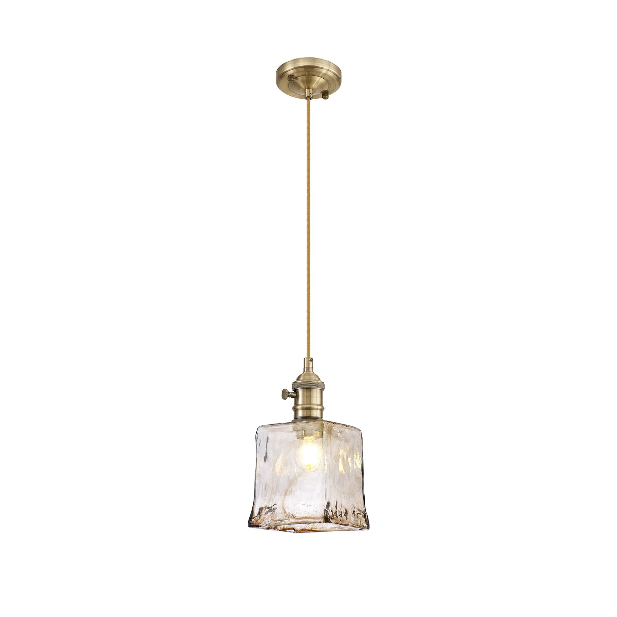 Fabula Merryhill Single Pendant - Antique Brass, Golden Brown Twisted Cable & Brown Square Glass