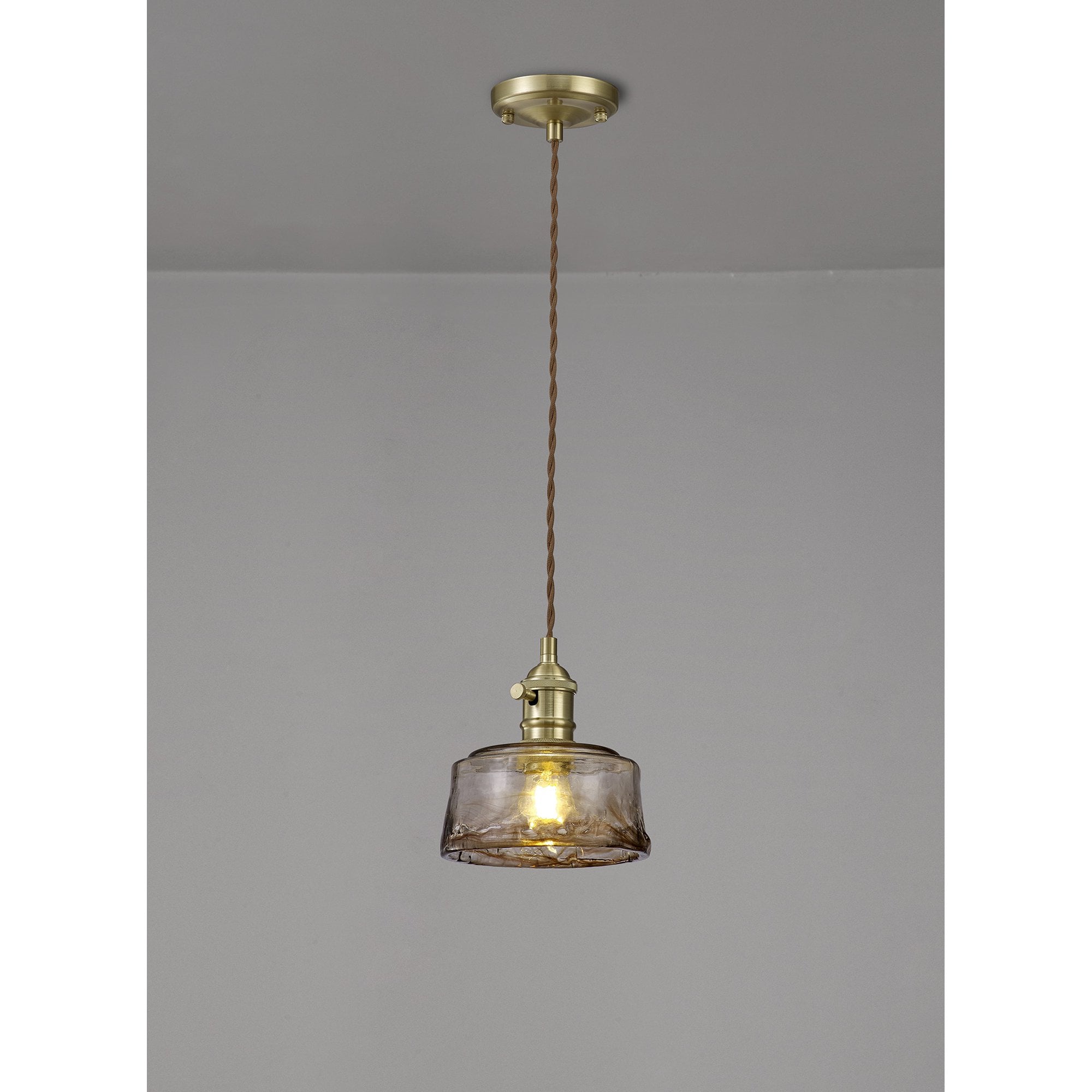Fabula Merryhill Single Pendant - Brass, Pale Gold Twisted Cable & Brown Bowl Glass