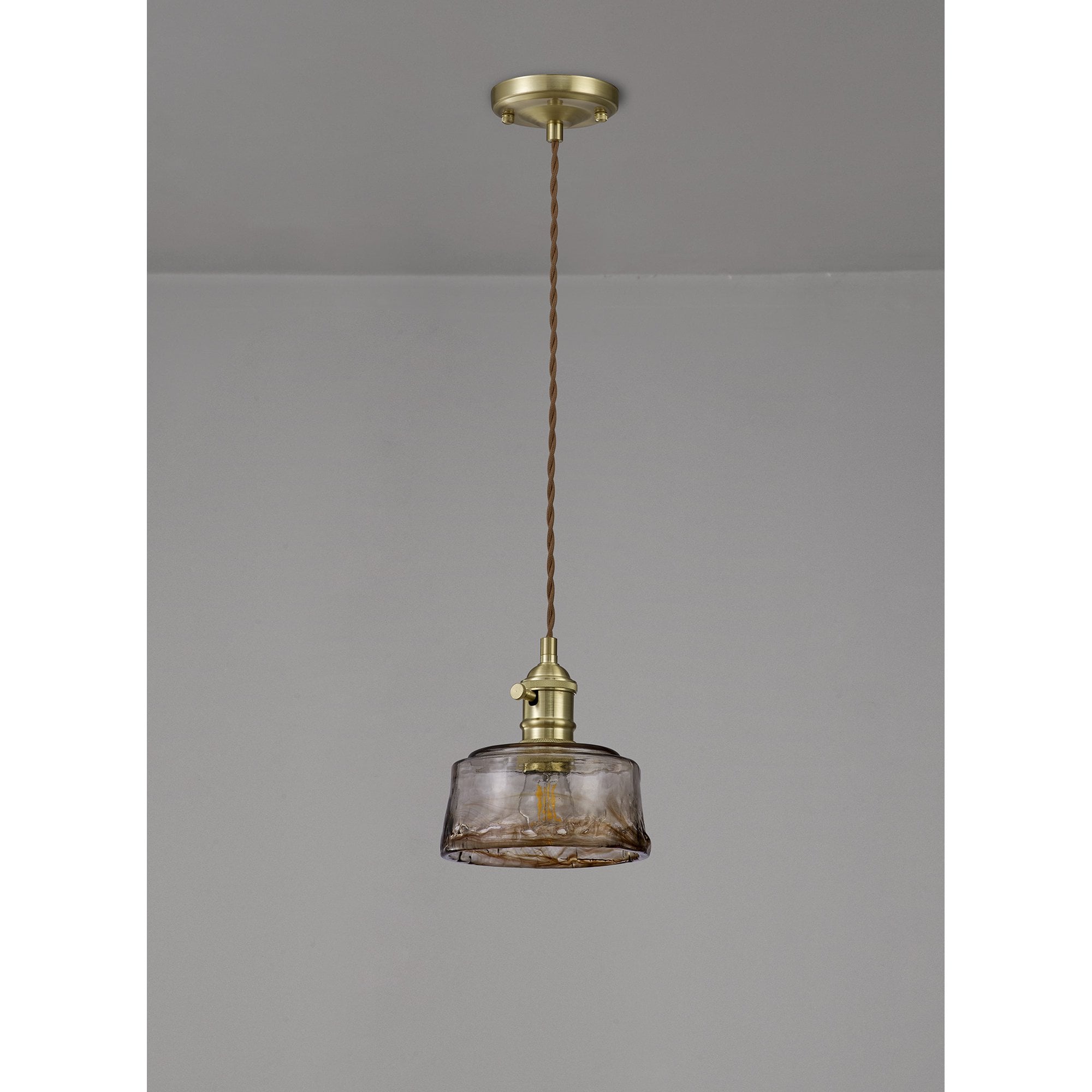 Fabula Merryhill Single Pendant - Brass, Pale Gold Twisted Cable & Brown Bowl Glass