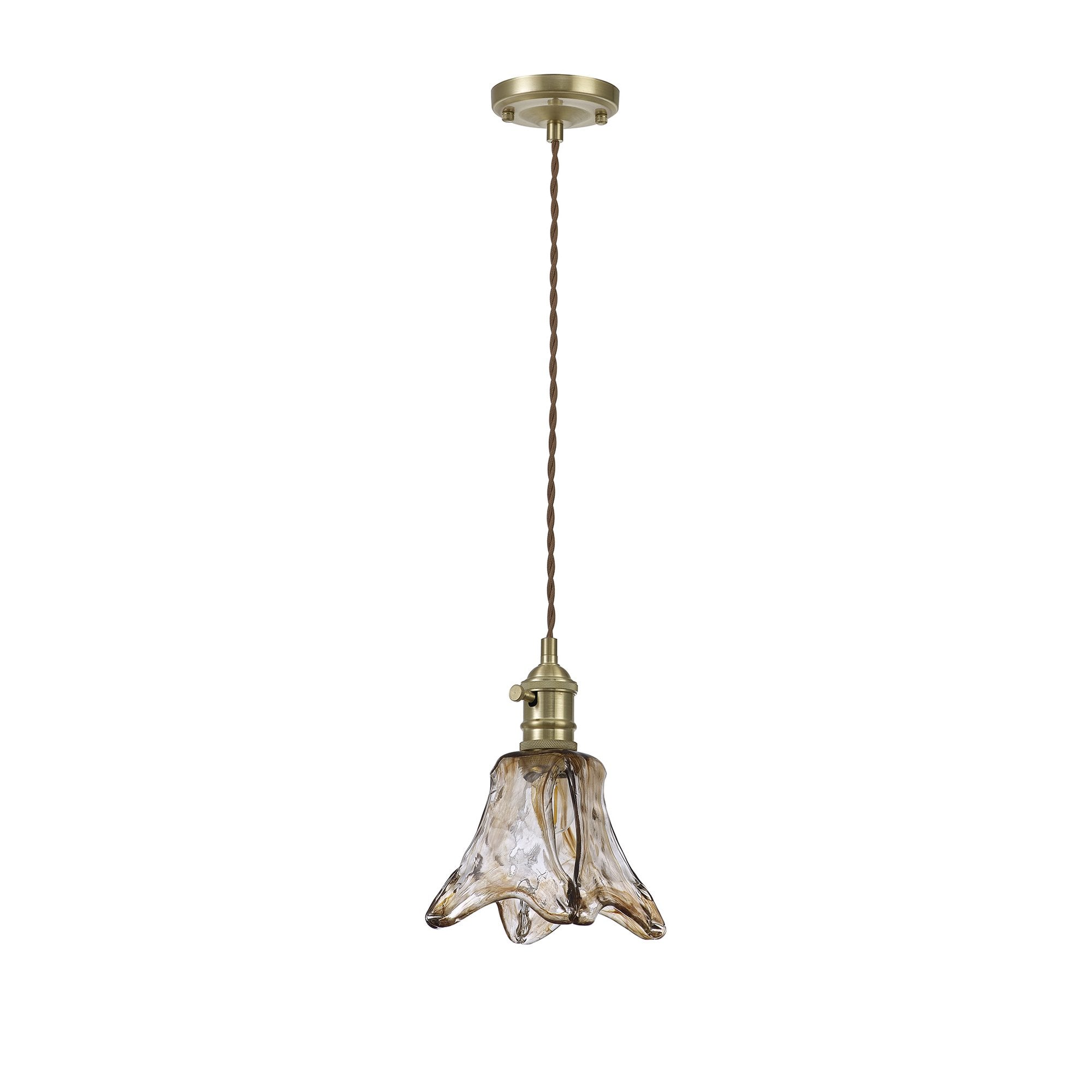 Fabula Merryhill Single Pendant - Brass, Pale Gold Twisted Cable & Brown Flower Glass