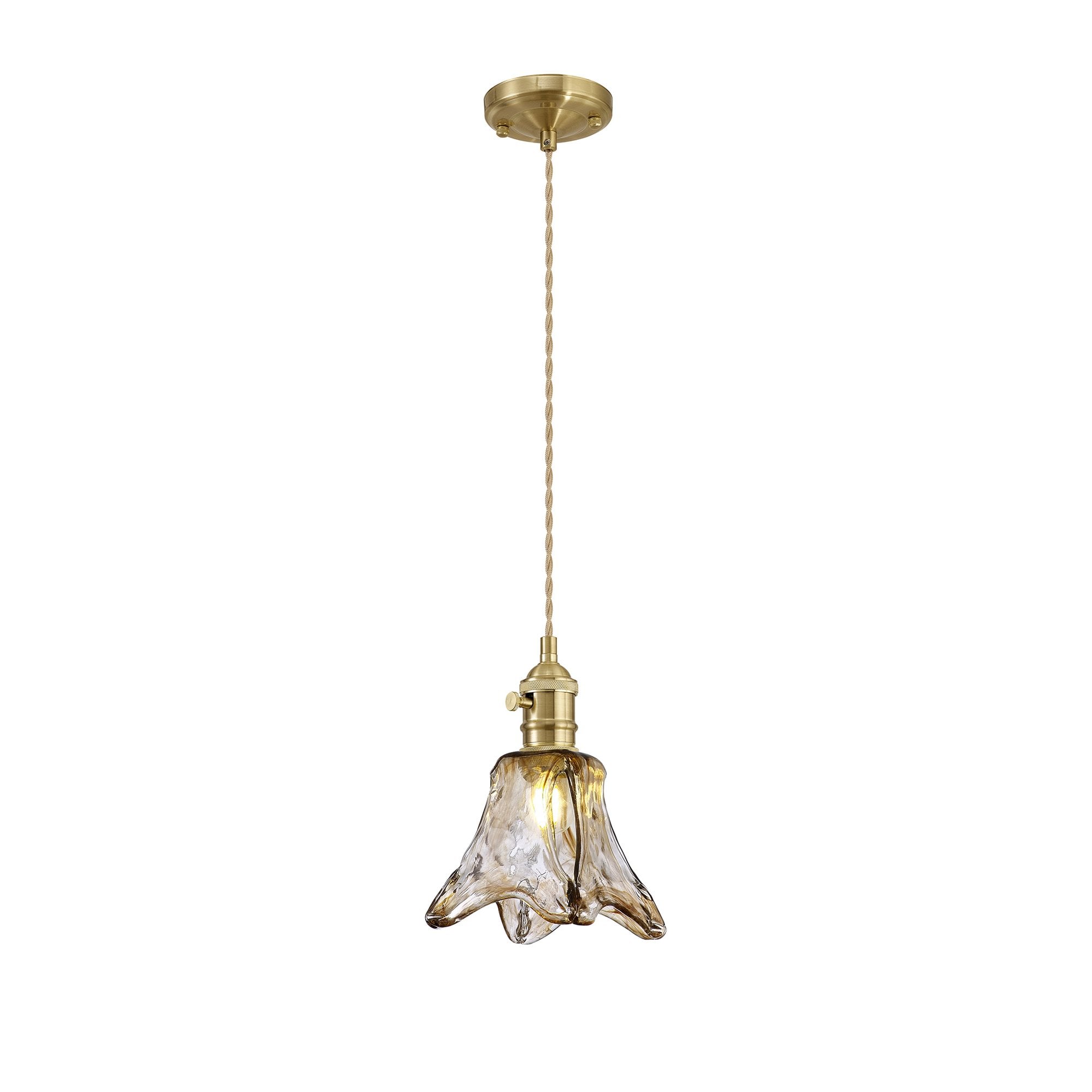 Fabula Merryhill Single Pendant - Brass, Pale Gold Twisted Cable & Brown Flower Glass