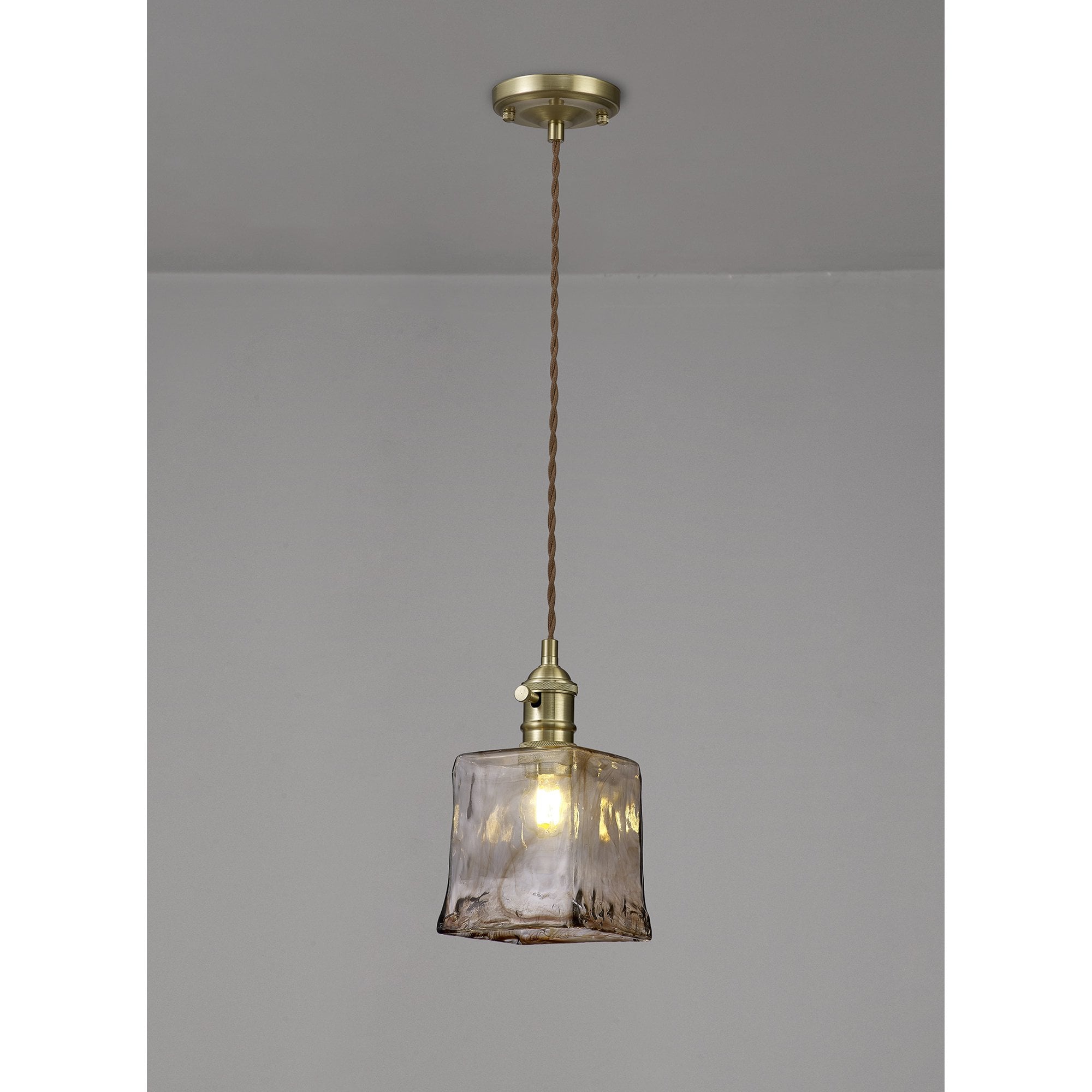 Fabula Merryhill Single Pendant - Brass, Pale Gold Twisted Cable & Brown Square Glass