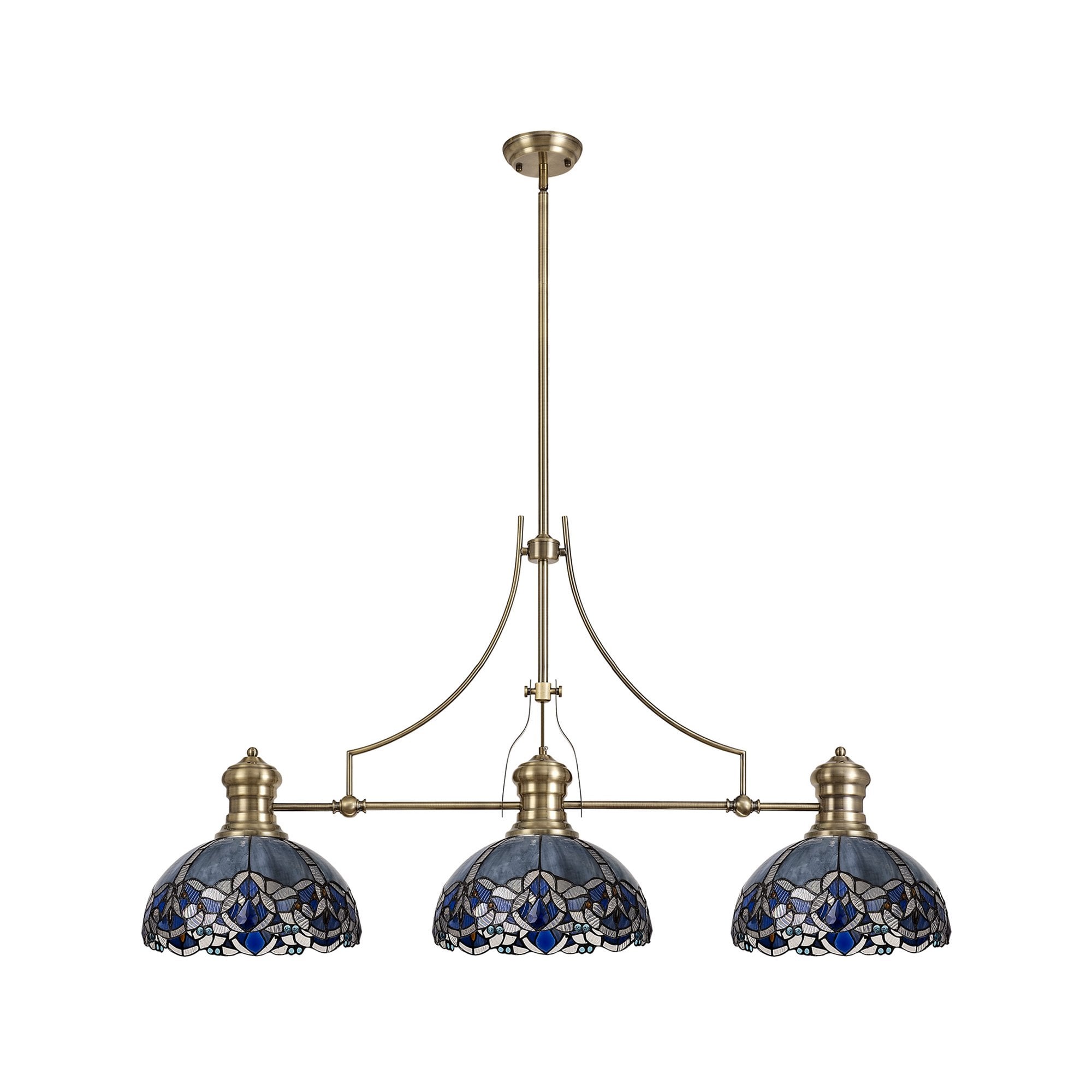 Fabula Newmans 3 Light Linear Pendant - 30cm Tiffany Shade - Antique Brass & Blue