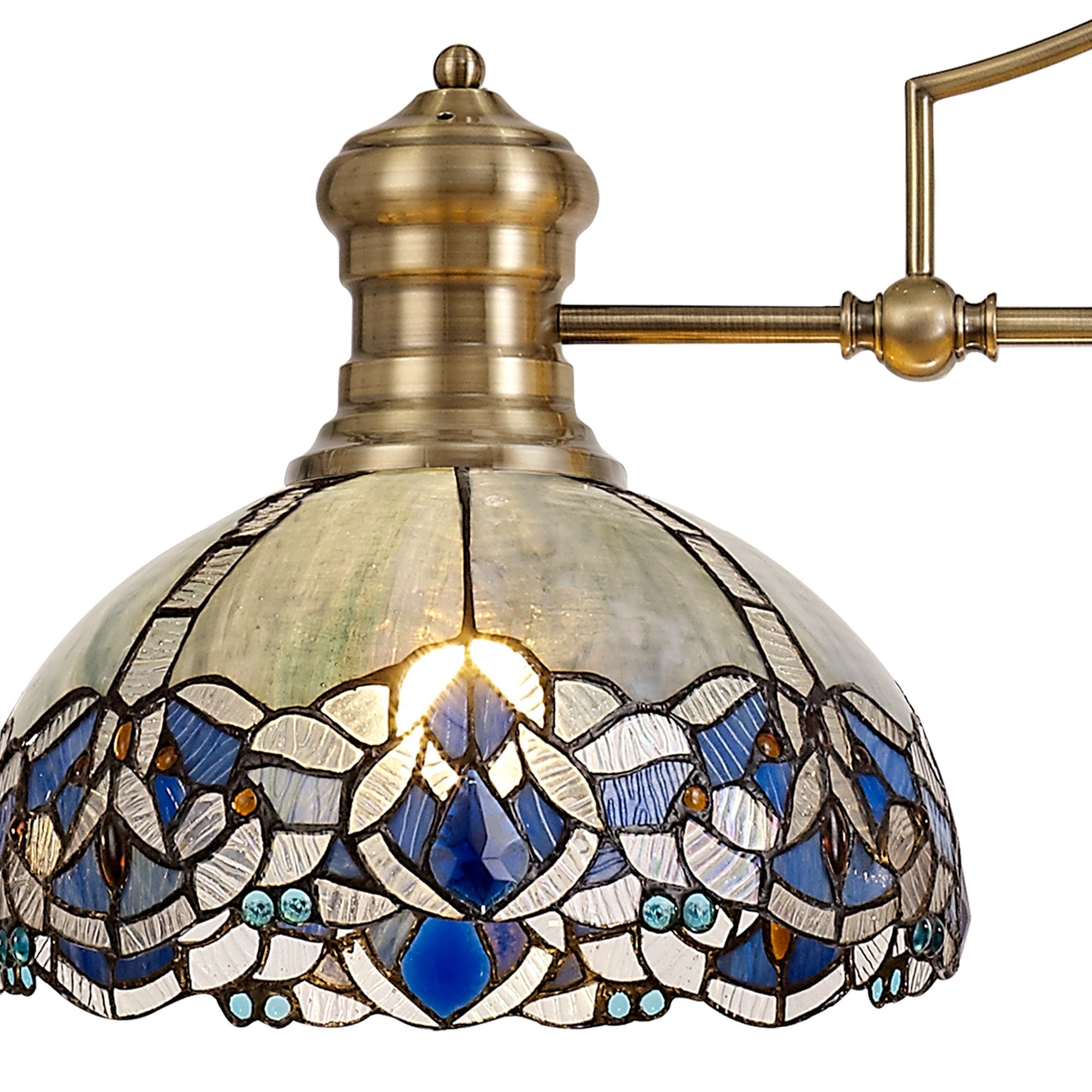 Fabula Newmans 3 Light Linear Pendant - 30cm Tiffany Shade - Antique Brass & Blue