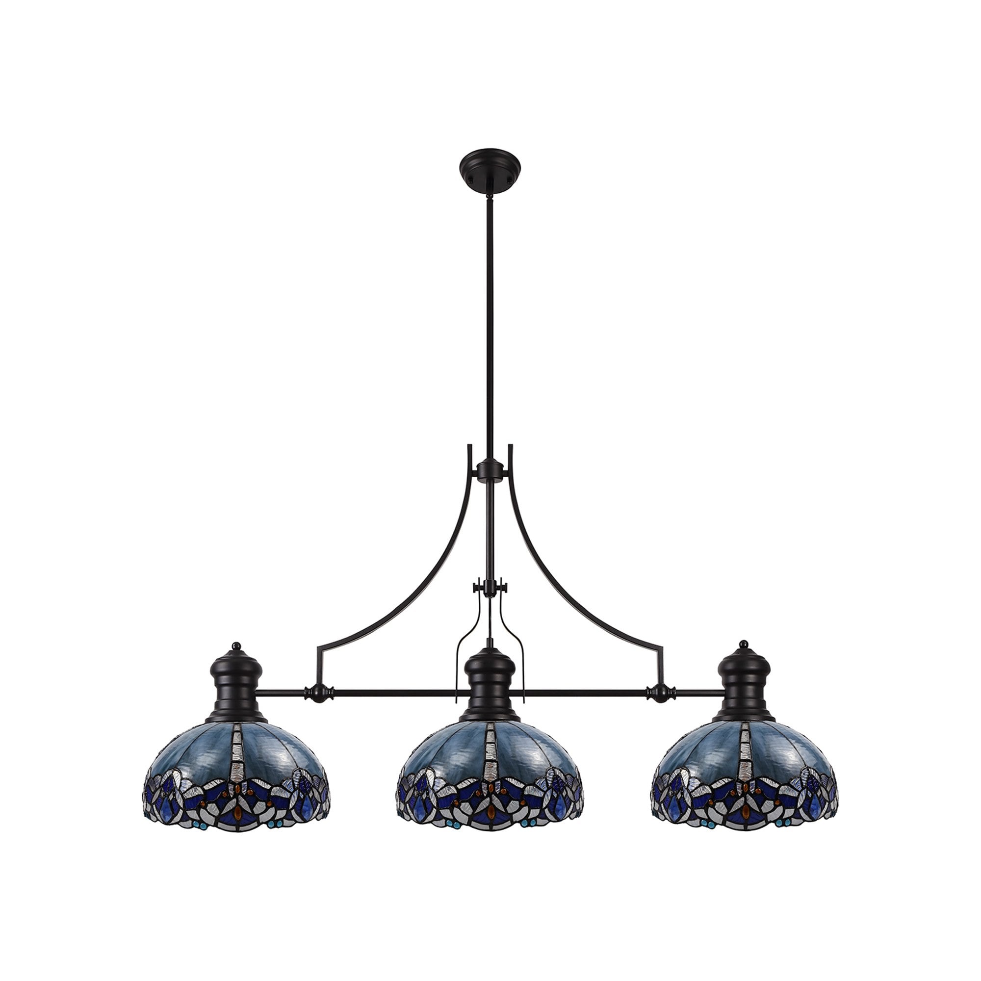 Fabula Newmans 3 Light Linear Pendant - 30cm Tiffany Shade - Matt Black & Blue