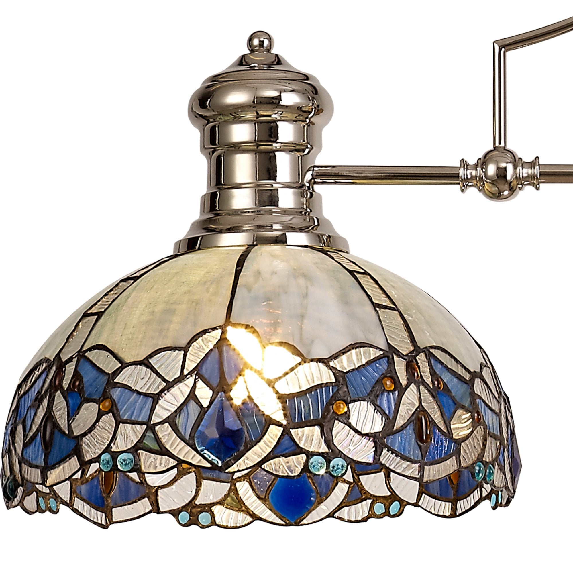 Fabula Newmans 3 Light Linear Pendant - 30cm Tiffany Shade - Polished Nickel & Blue