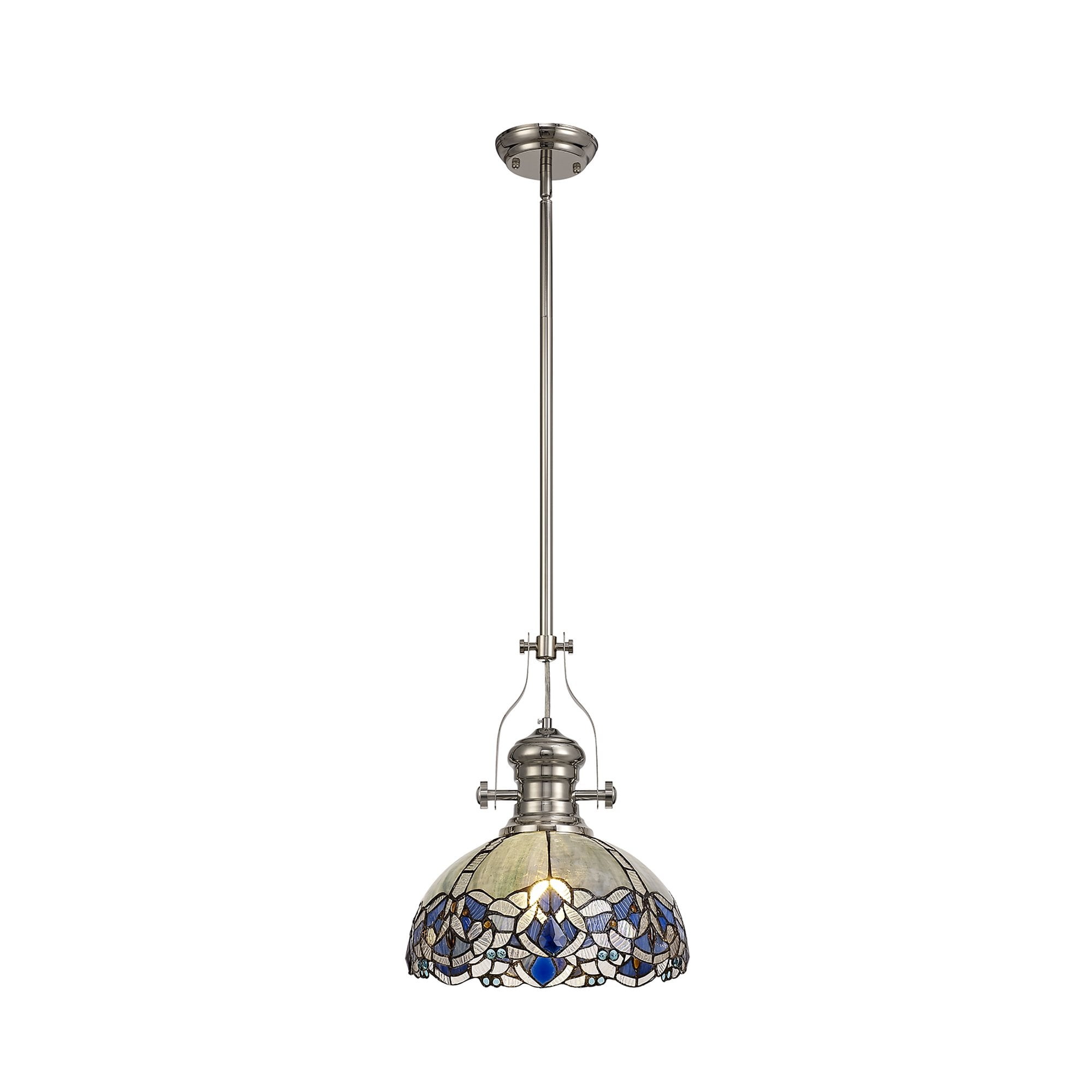 Fabula Newmans Single Pendant - 30cm Tiffany Shade - Polished Nickel & Blue