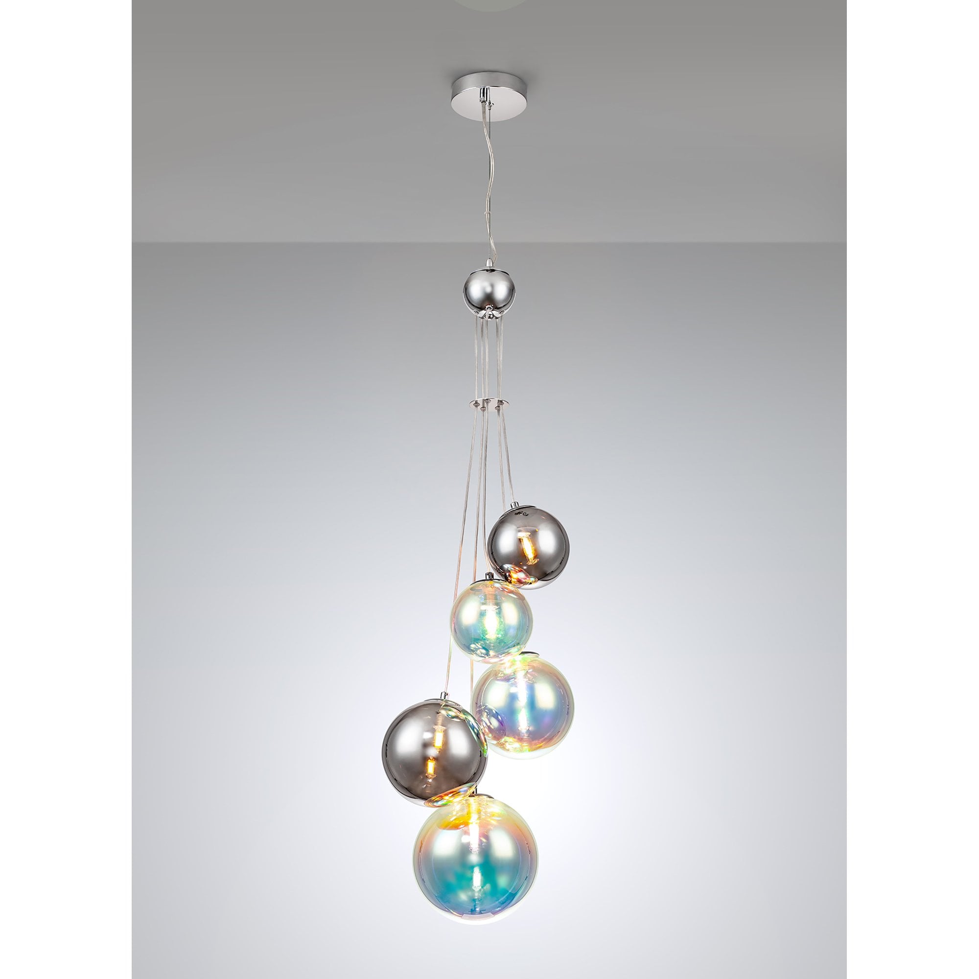 Fabula Roding 5 Light Pendant - Polished Chrome & Iridescent Glass