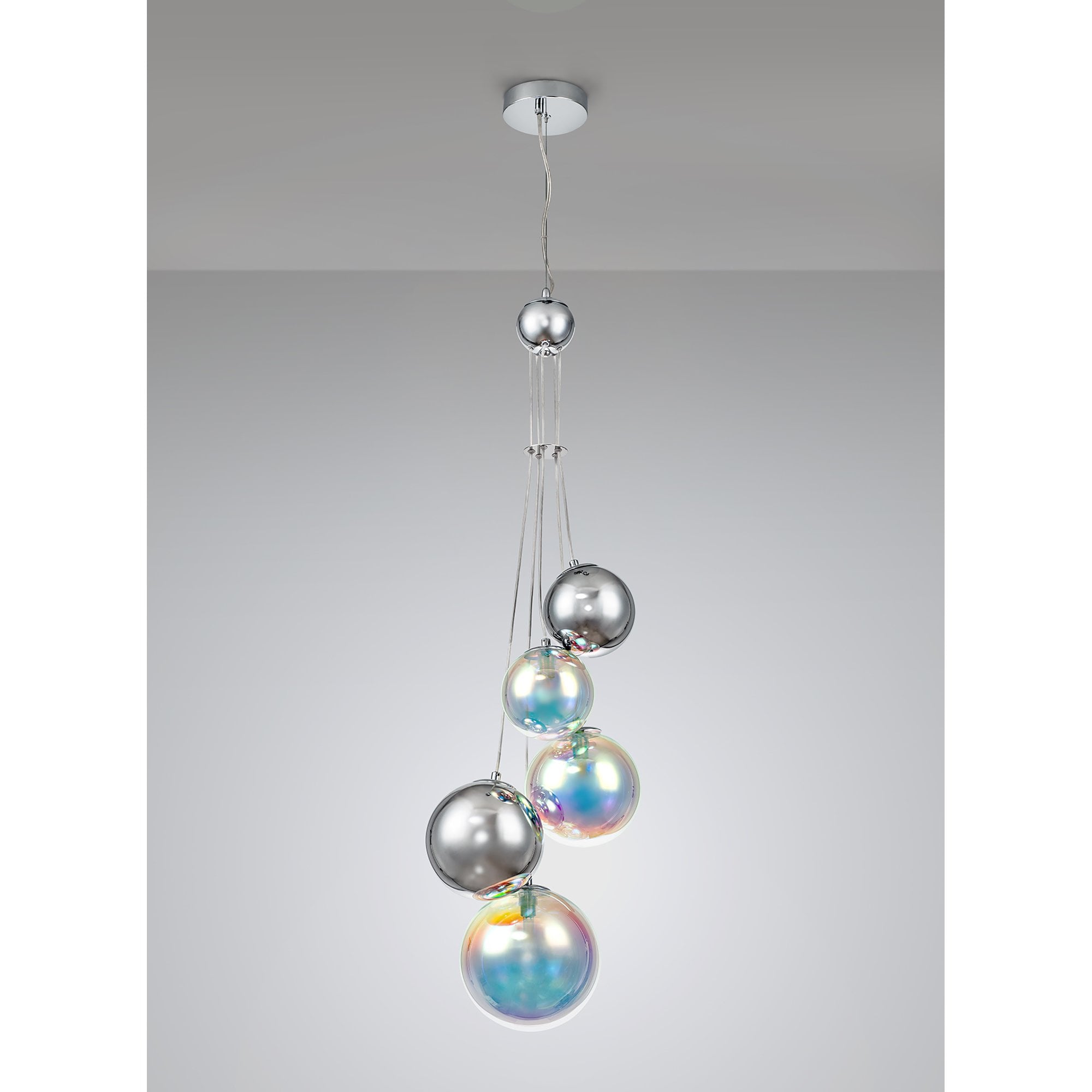 Fabula Roding 5 Light Pendant - Polished Chrome & Iridescent Glass