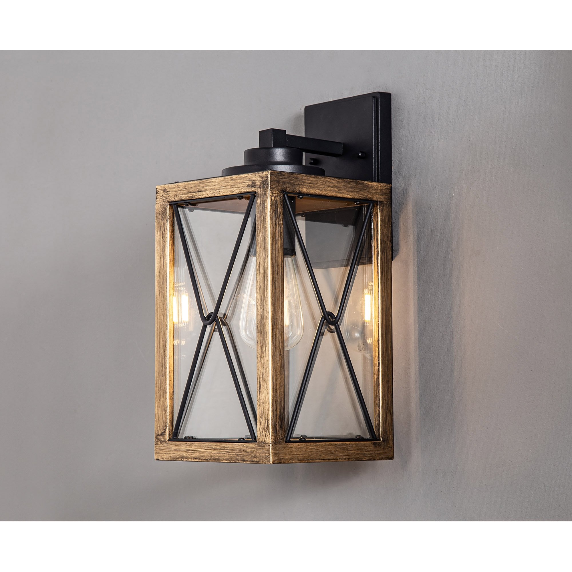 Fabula Sandford Large Single Wall Lamp - Wood Effect, Black & Clear Glass - IP54