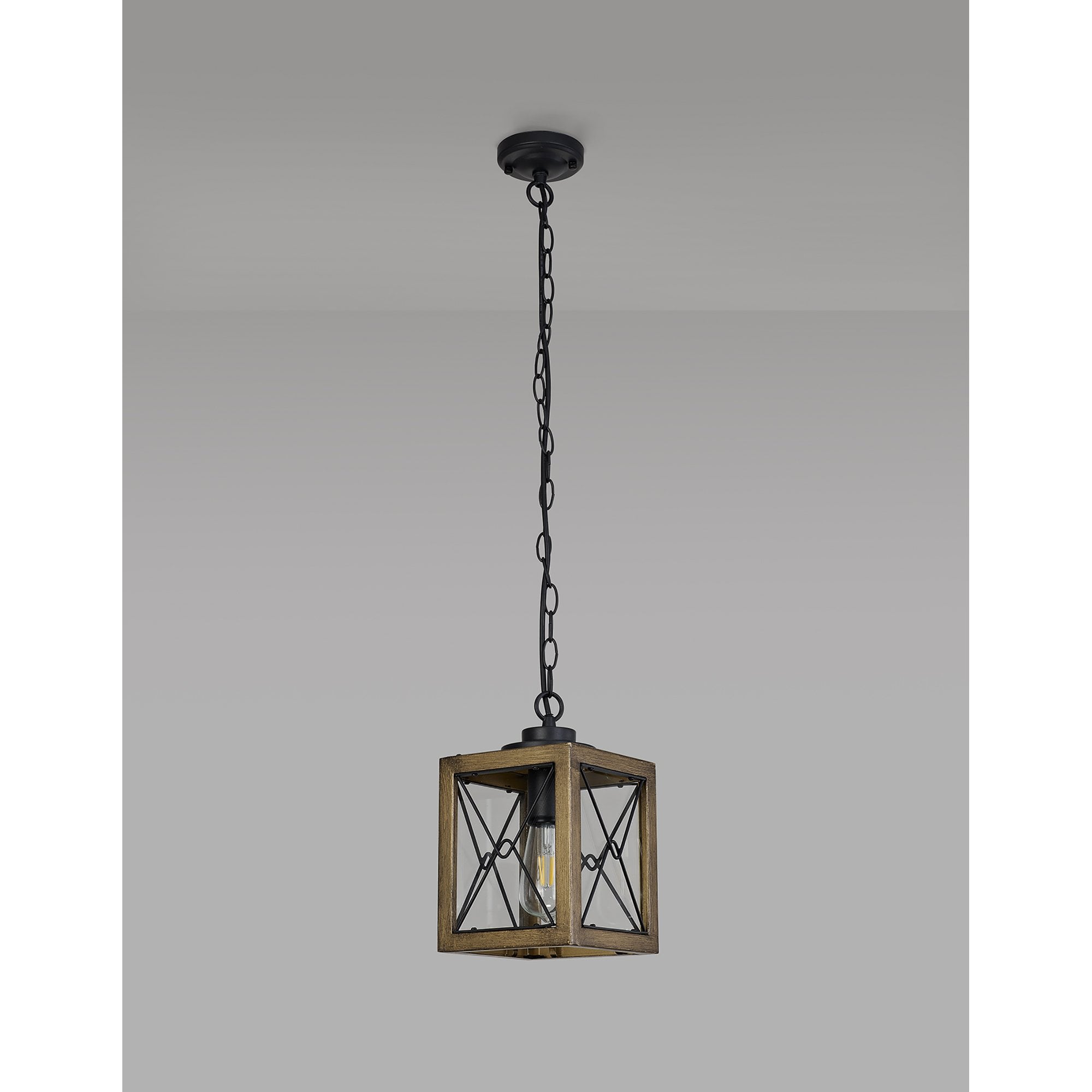 Fabula Sandford Single Pendant - Wood Effect, Black & Clear Glass - IP54