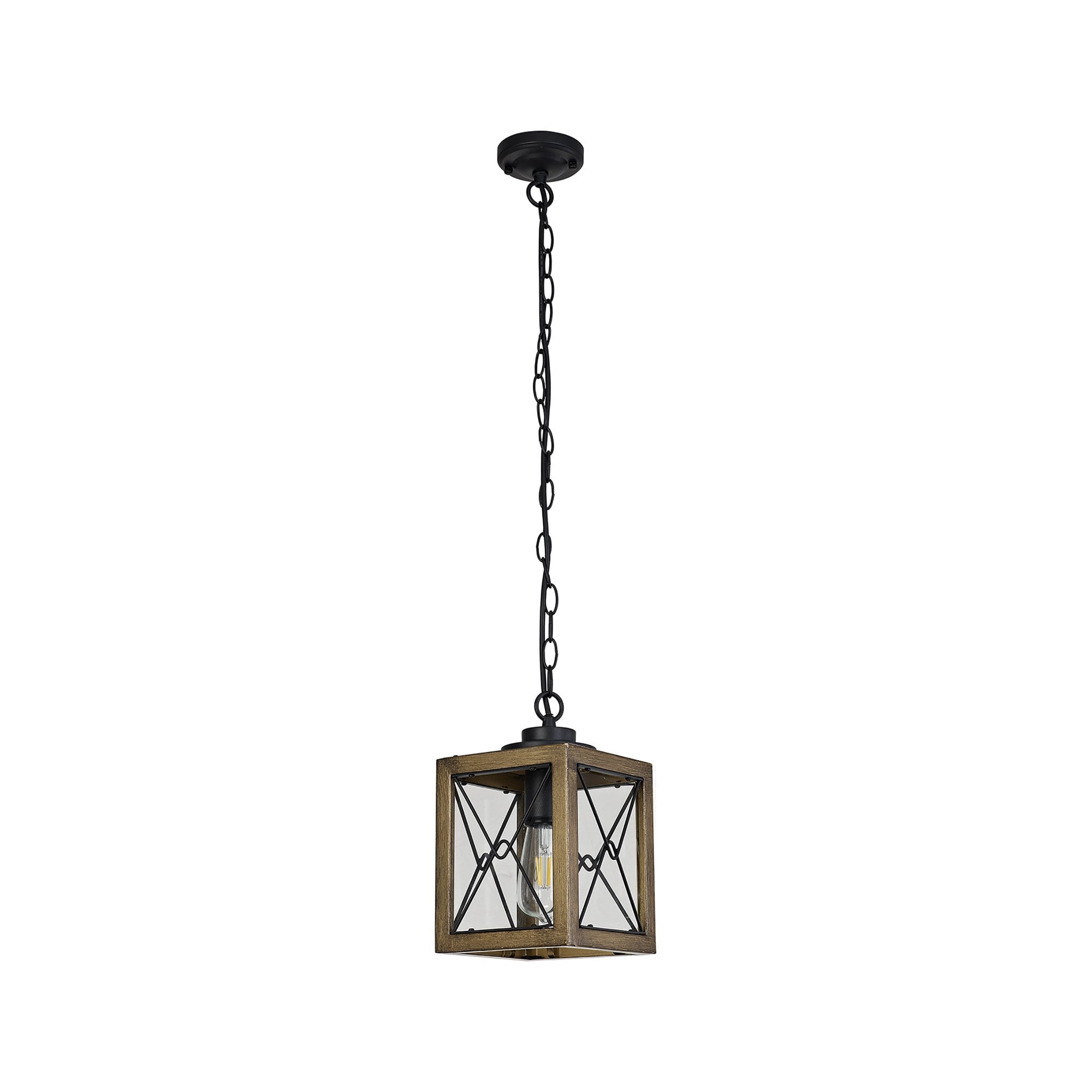Fabula Sandford Single Pendant - Wood Effect, Black & Clear Glass - IP54