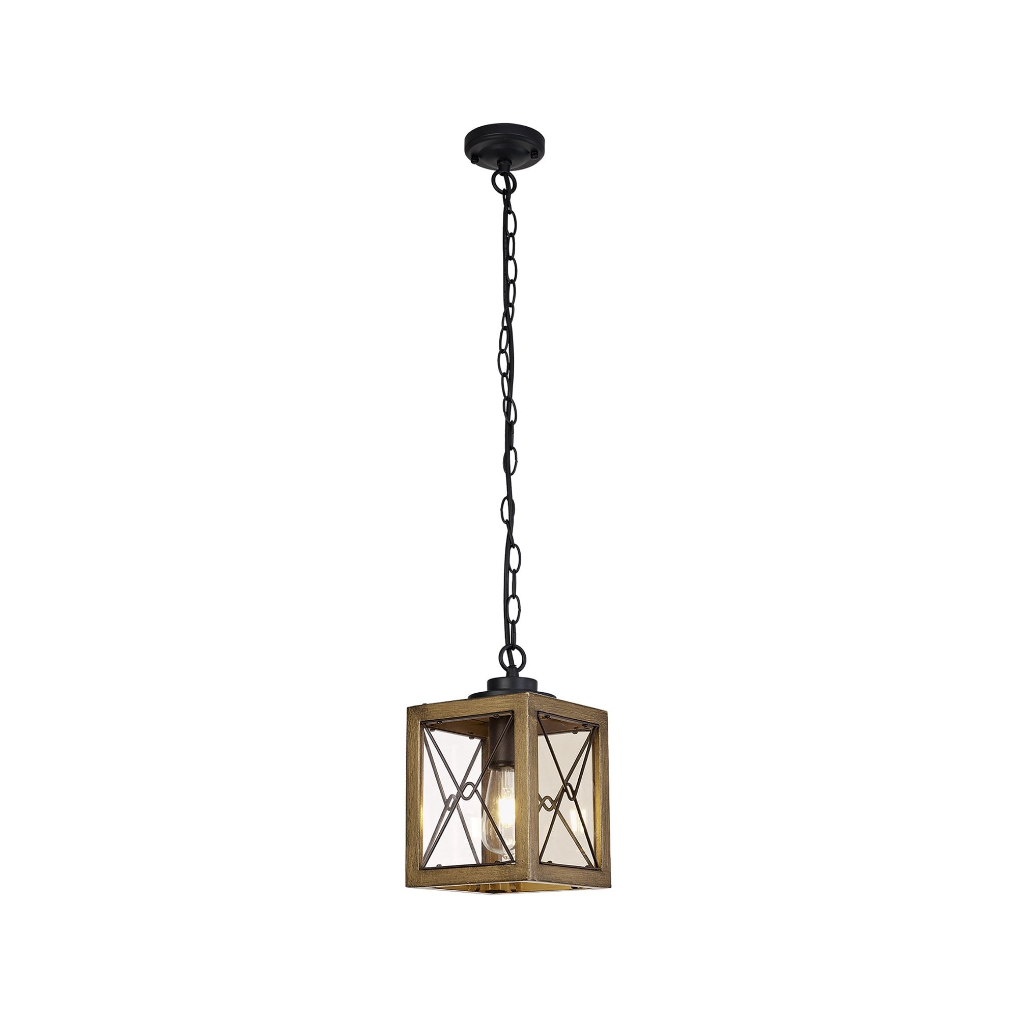 Fabula Sandford Single Pendant - Wood Effect, Black & Clear Glass - IP54