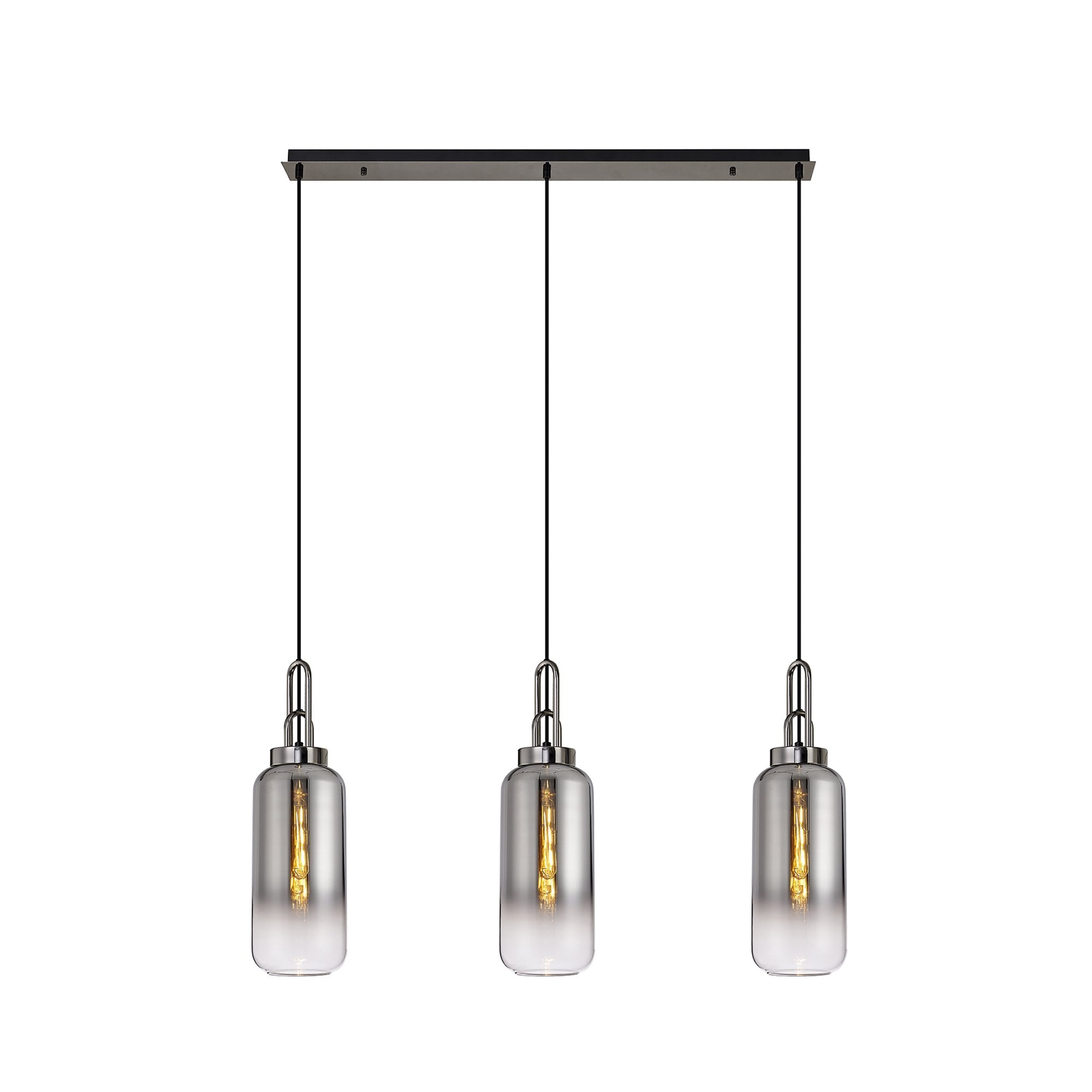 Fabula Springfield 3 Light Linear Pendant - 16cm Cylinder Glass Shades - Black Chrome & Smoked Fade Glass