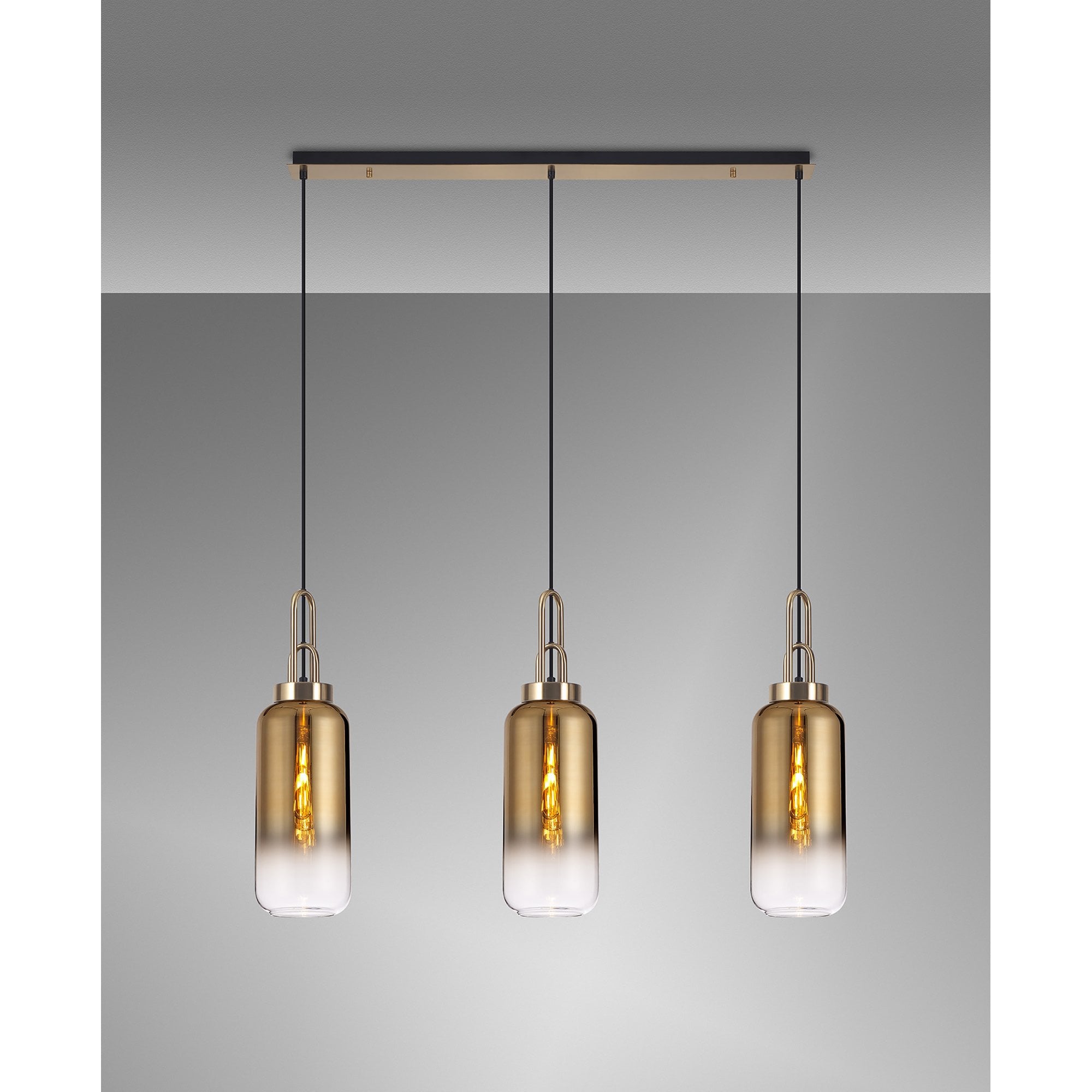 Fabula Springfield 3 Light Linear Pendant - 16cm Cylinder Glass Shades - Brass Gold & Brass Gold Fade Glass