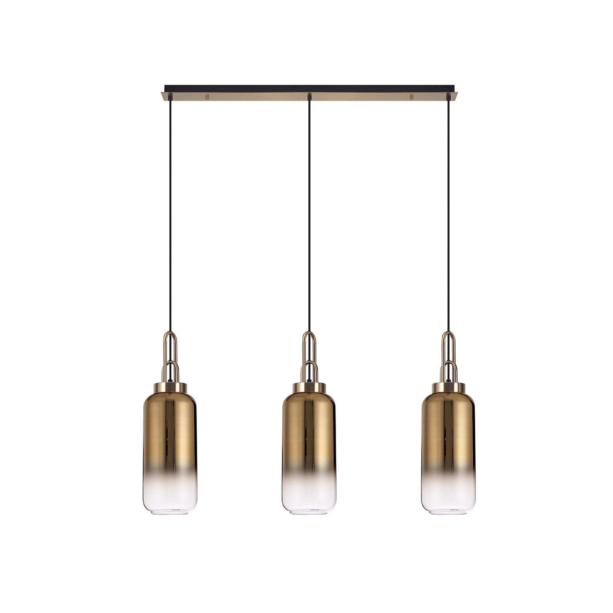 Fabula Springfield 3 Light Linear Pendant - 16cm Cylinder Glass Shades - Brass Gold & Brass Gold Fade Glass