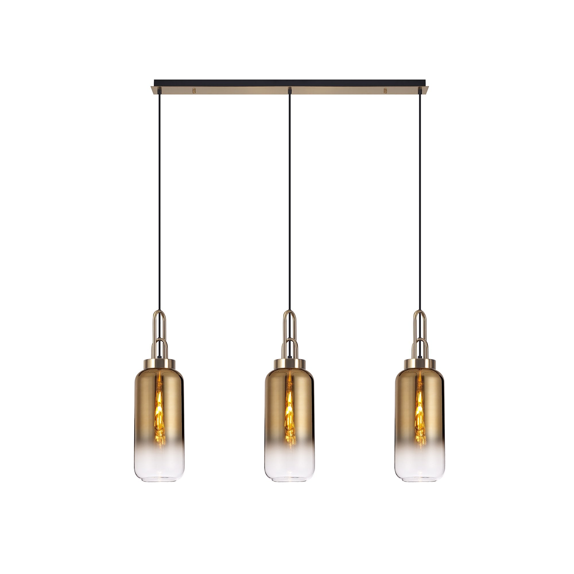 Fabula Springfield 3 Light Linear Pendant - 16cm Cylinder Glass Shades - Brass Gold & Brass Gold Fade Glass