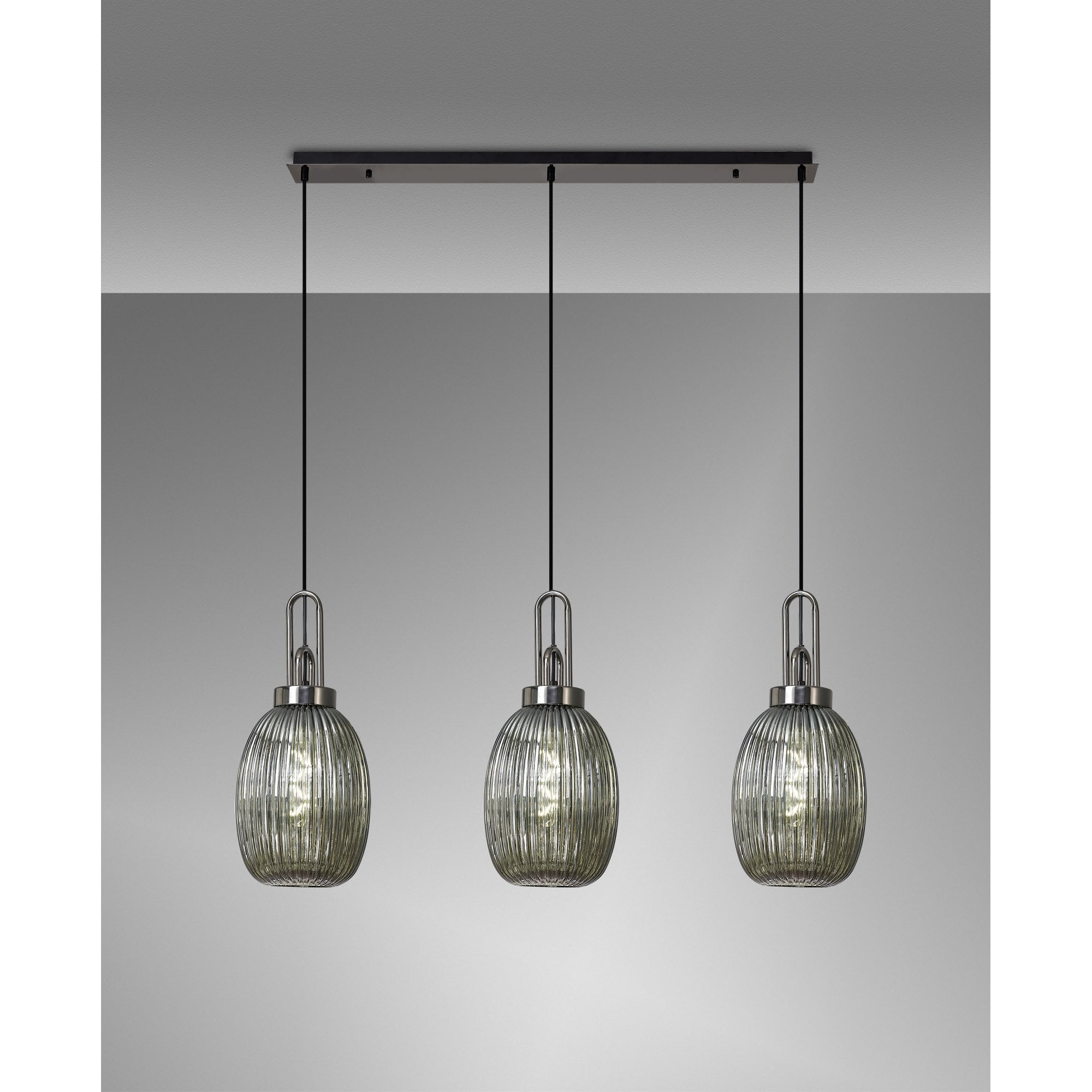 Fabula Springfield 3 Light Linear Pendant - 20cm Almond Ribbed Glass Shades - Black Chrome & Smoked Glass