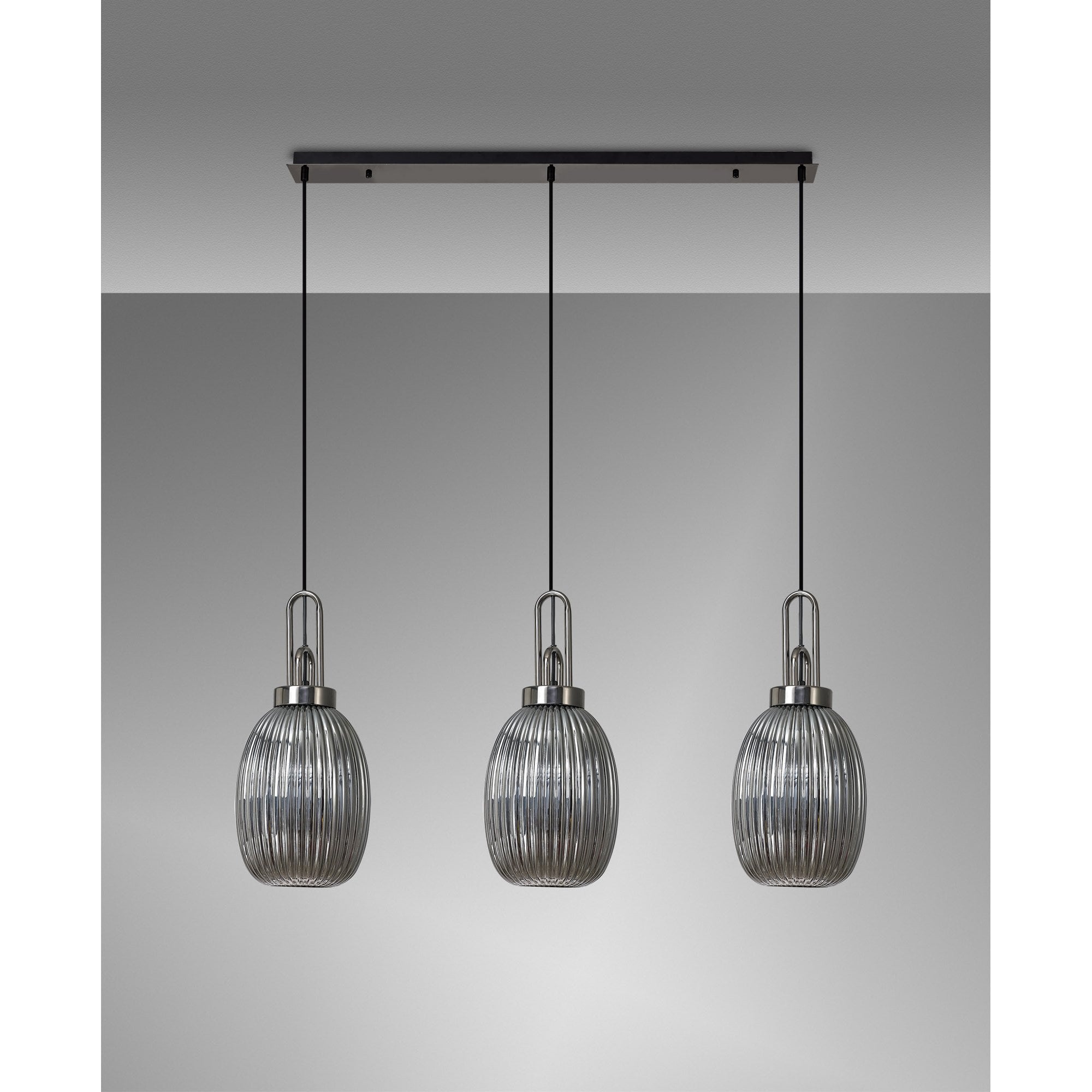 Fabula Springfield 3 Light Linear Pendant - 20cm Almond Ribbed Glass Shades - Black Chrome & Smoked Glass