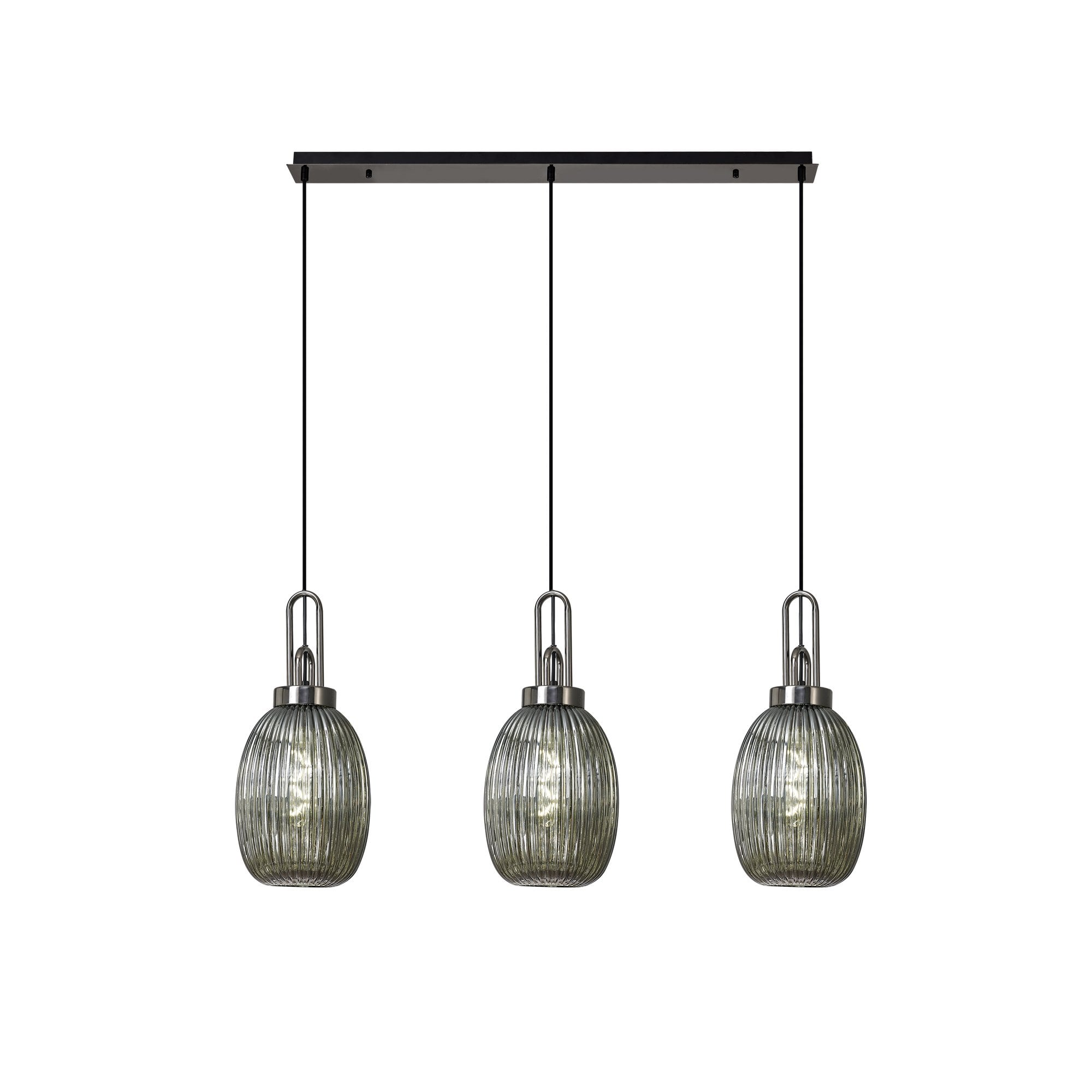 Fabula Springfield 3 Light Linear Pendant - 20cm Almond Ribbed Glass Shades - Black Chrome & Smoked Glass