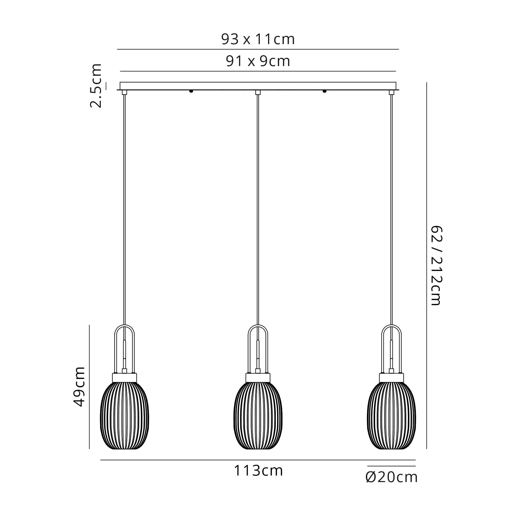 Fabula Springfield 3 Light Linear Pendant - 20cm Almond Ribbed Glass Shades - Brass Gold & Champagne Glass