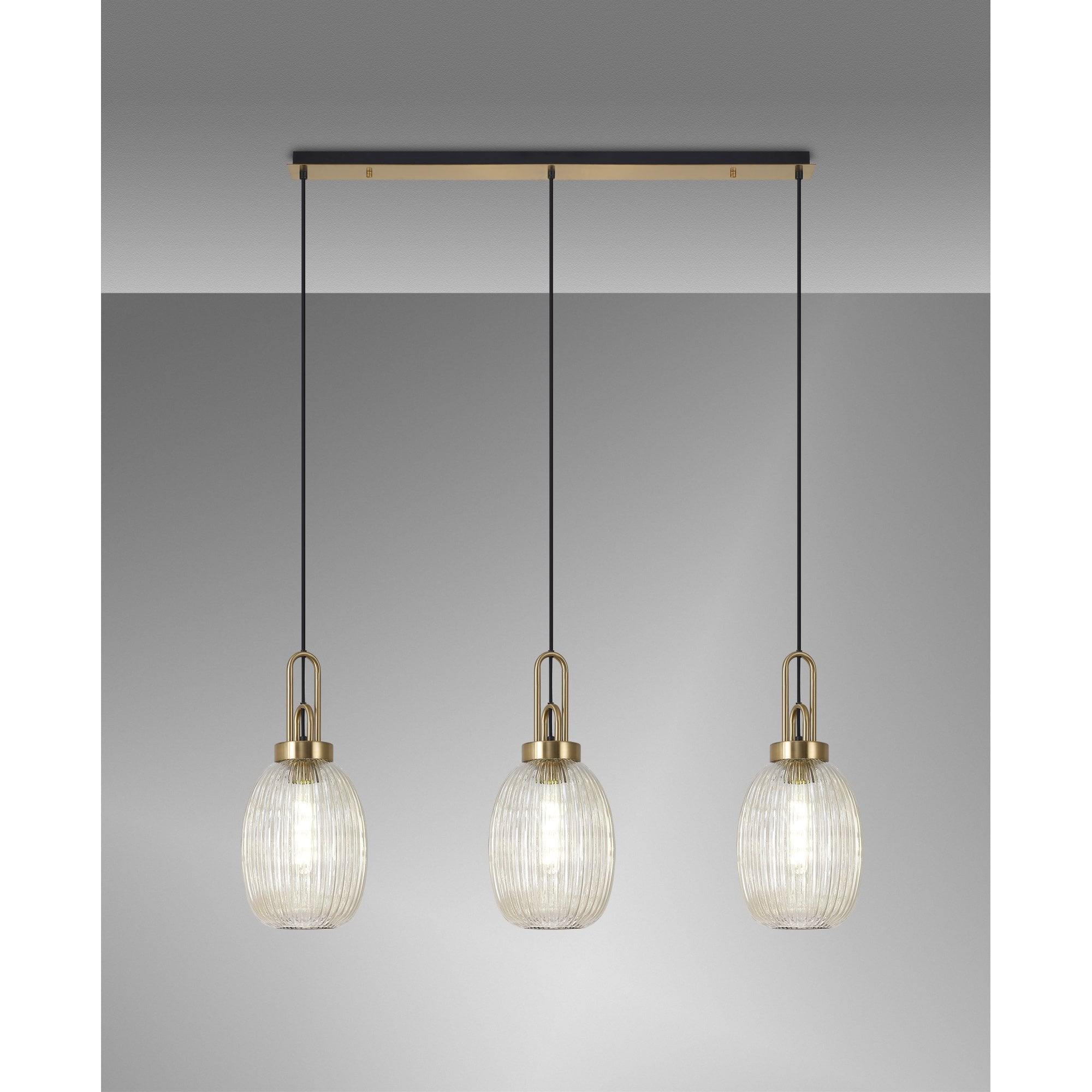 Fabula Springfield 3 Light Linear Pendant - 20cm Almond Ribbed Glass Shades - Brass Gold & Champagne Glass