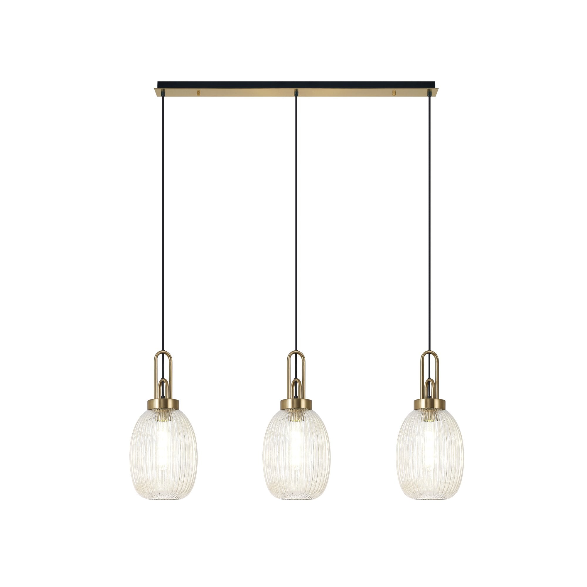 Fabula Springfield 3 Light Linear Pendant - 20cm Almond Ribbed Glass Shades - Brass Gold & Champagne Glass