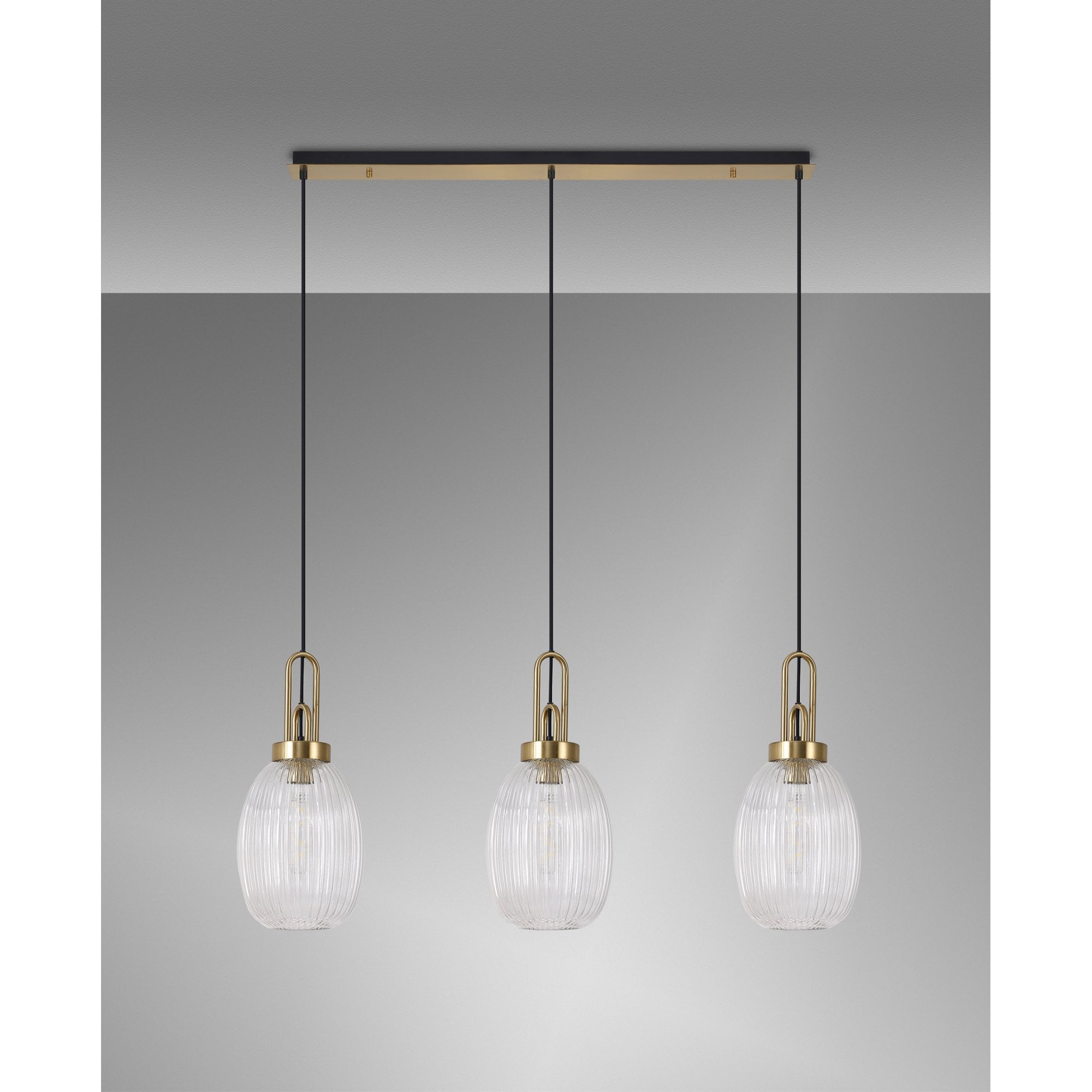 Fabula Springfield 3 Light Linear Pendant - 20cm Almond Ribbed Glass Shades - Brass Gold & Clear Glass