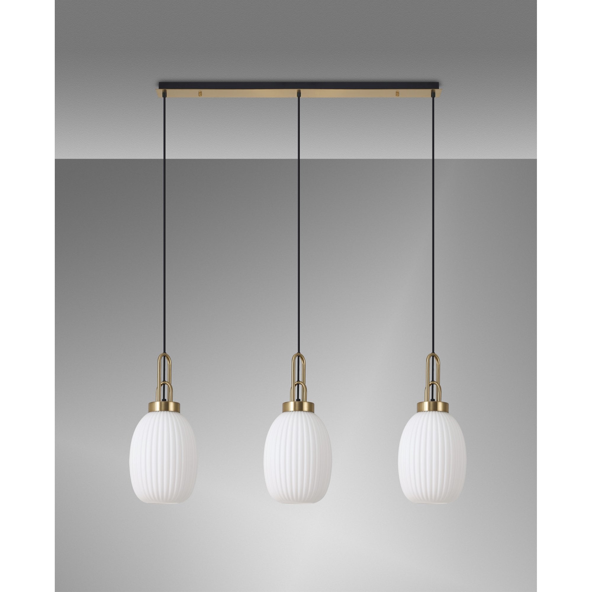 Fabula Springfield 3 Light Linear Pendant - 20cm Almond Ribbed Glass Shades - Brass Gold & Opal Glass
