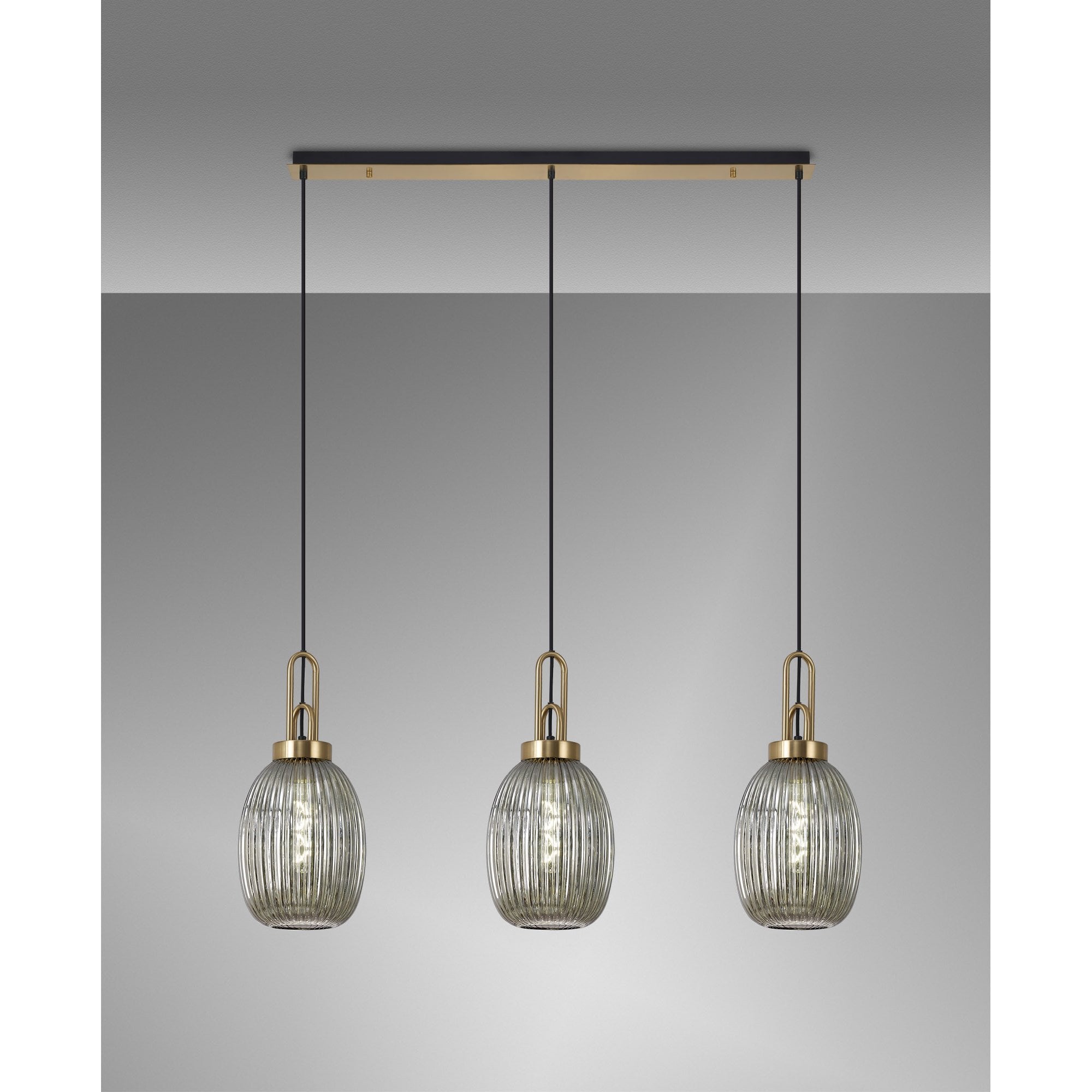 Fabula Springfield 3 Light Linear Pendant - 20cm Almond Ribbed Glass Shades - Brass Gold & Smoked Glass