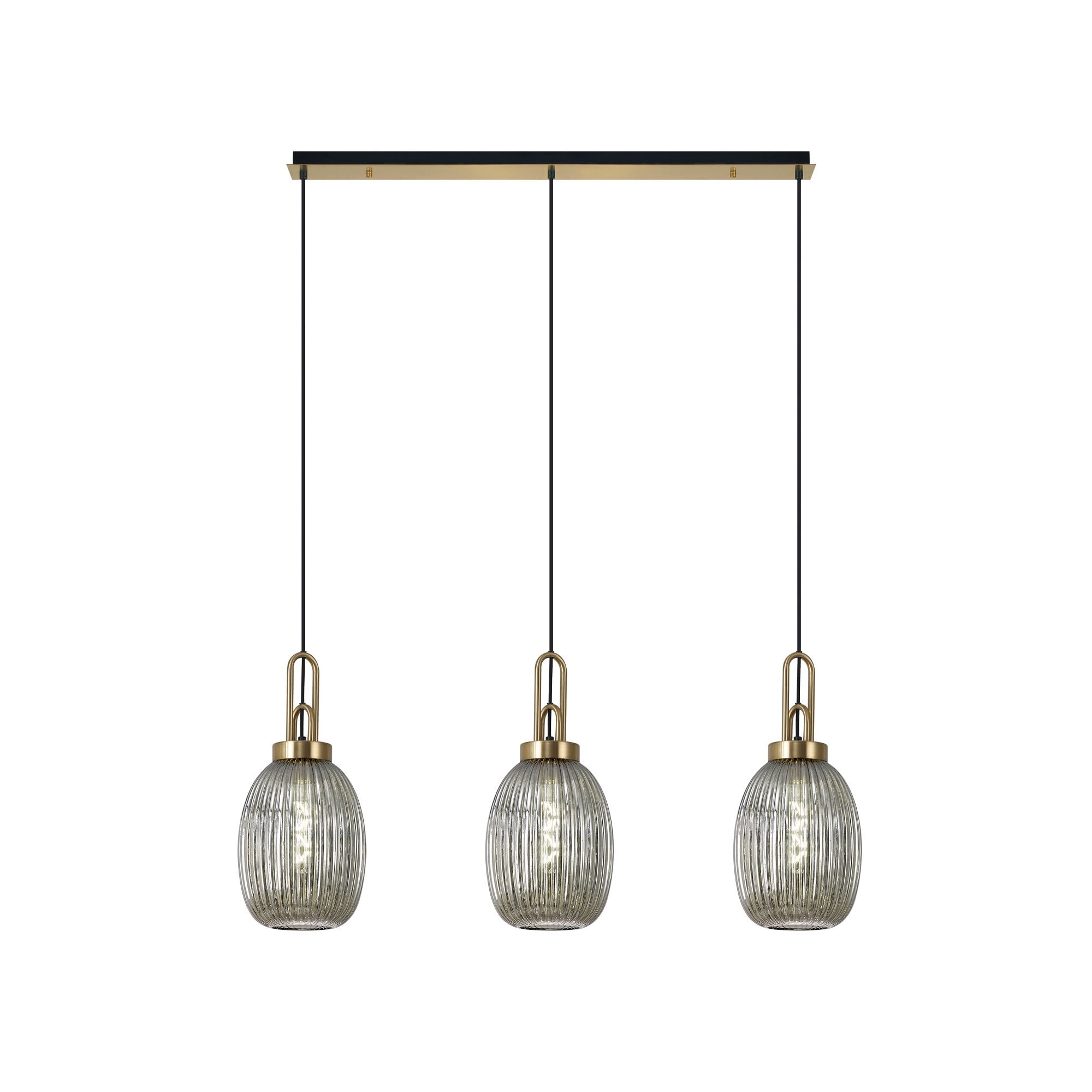 Fabula Springfield 3 Light Linear Pendant - 20cm Almond Ribbed Glass Shades - Brass Gold & Smoked Glass