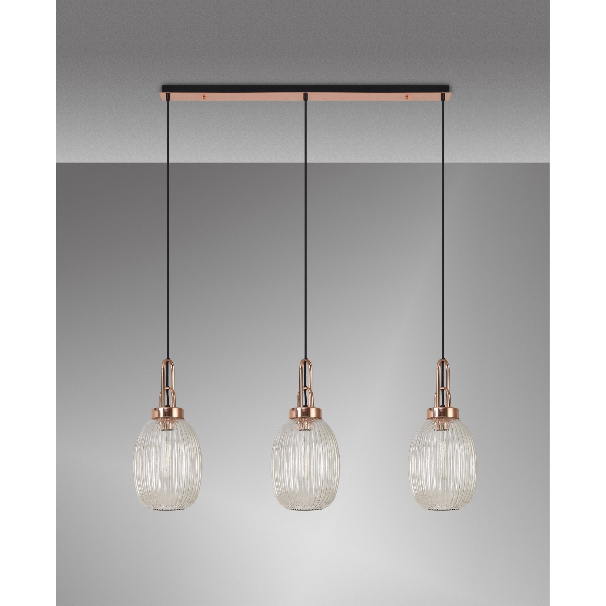 Fabula Springfield 3 Light Linear Pendant - 20cm Almond Ribbed Glass Shades - Copper & Champagne Glass
