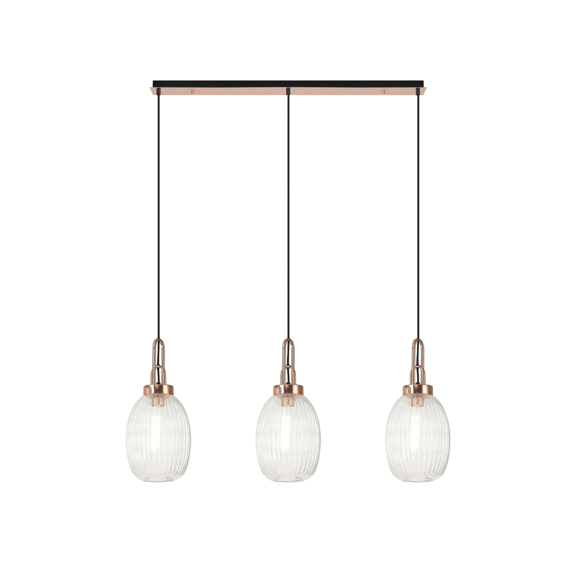 Fabula Springfield 3 Light Linear Pendant - 20cm Almond Ribbed Glass Shades - Copper & Clear Glass