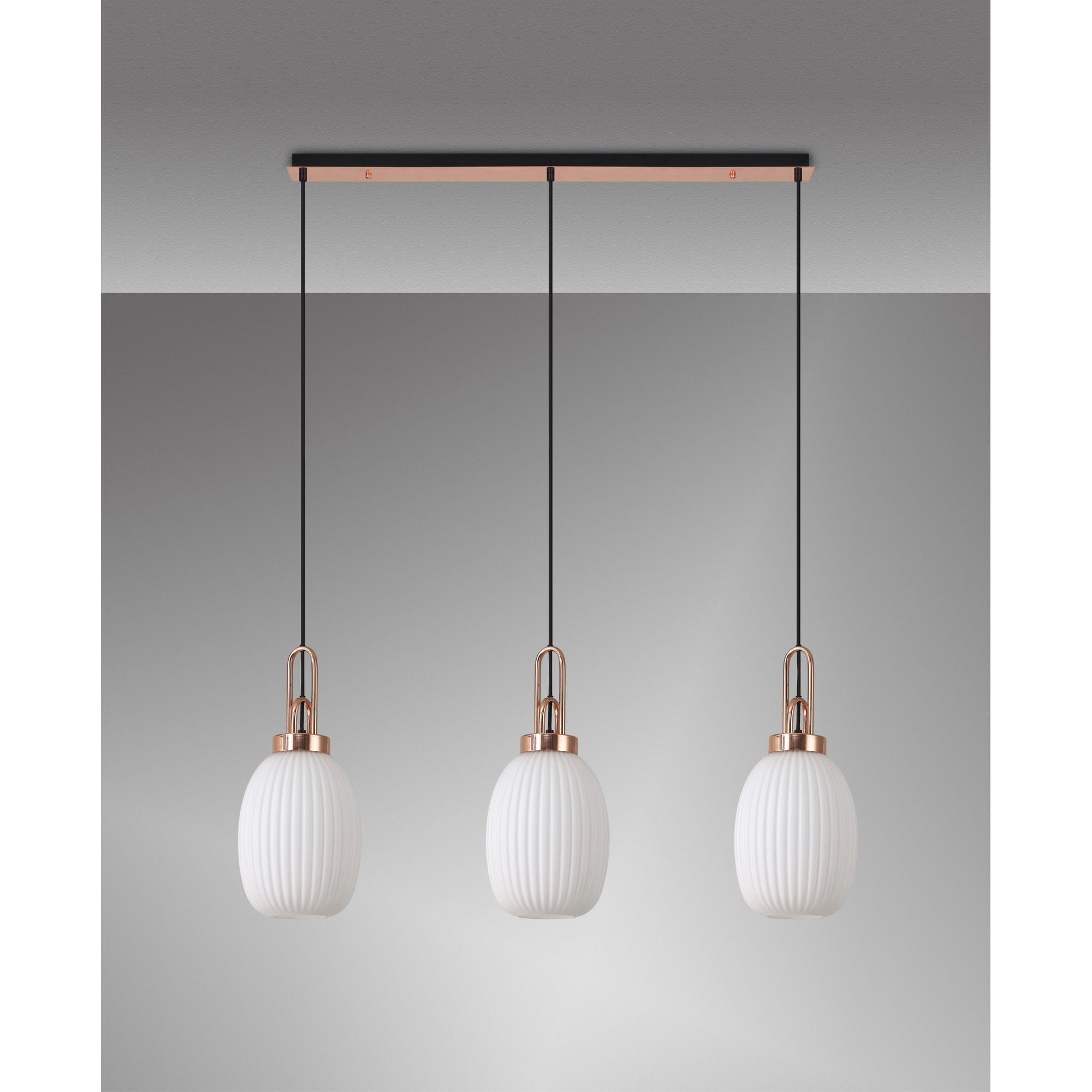 Fabula Springfield 3 Light Linear Pendant - 20cm Almond Ribbed Glass Shades - Copper & Opal Glass