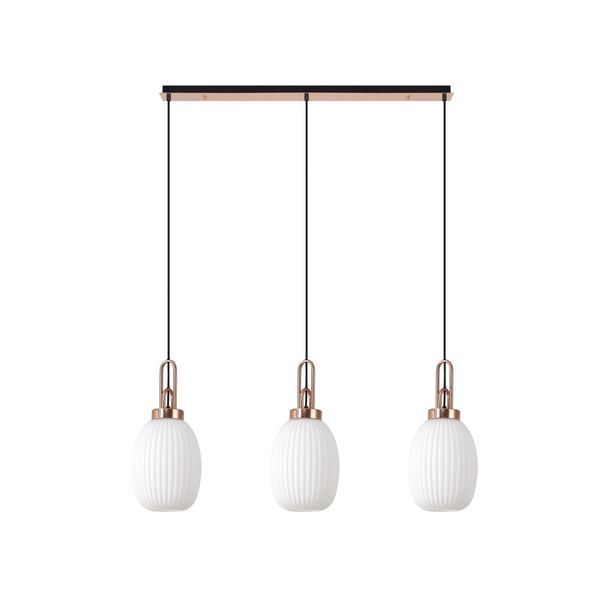 Fabula Springfield 3 Light Linear Pendant - 20cm Almond Ribbed Glass Shades - Copper & Opal Glass