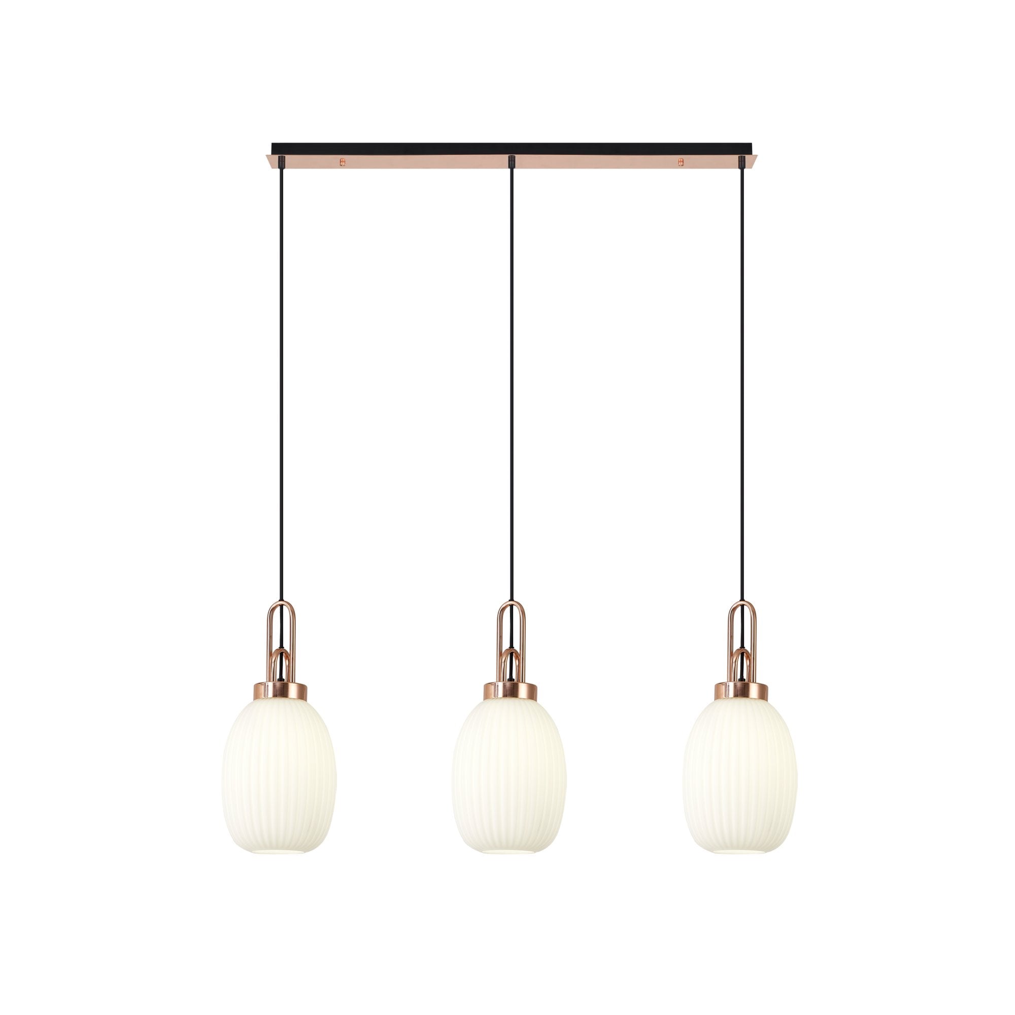 Fabula Springfield 3 Light Linear Pendant - 20cm Almond Ribbed Glass Shades - Copper & Opal Glass