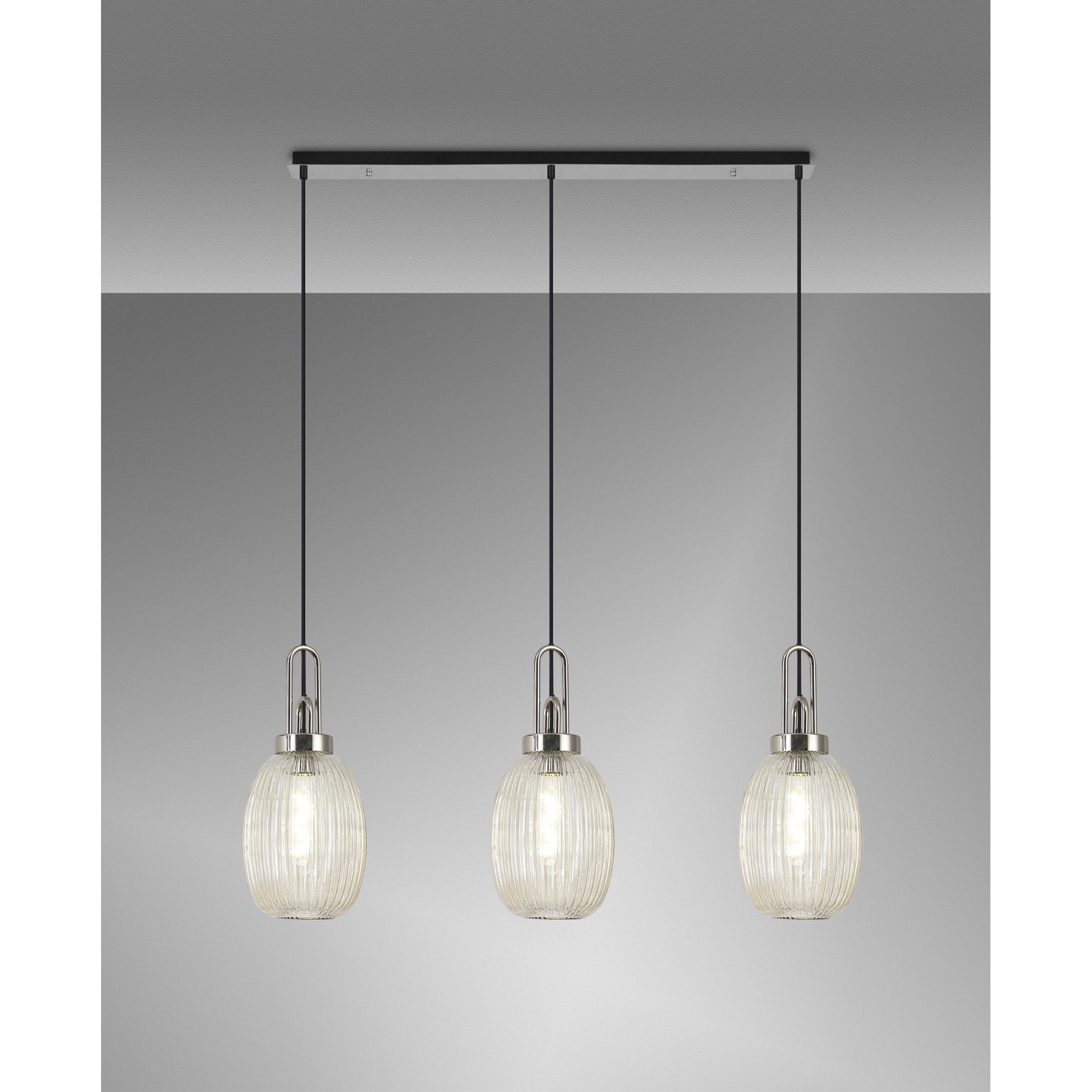 Fabula Springfield 3 Light Linear Pendant - 20cm Almond Ribbed Glass Shades - Polished Nickel & Champagne Glass