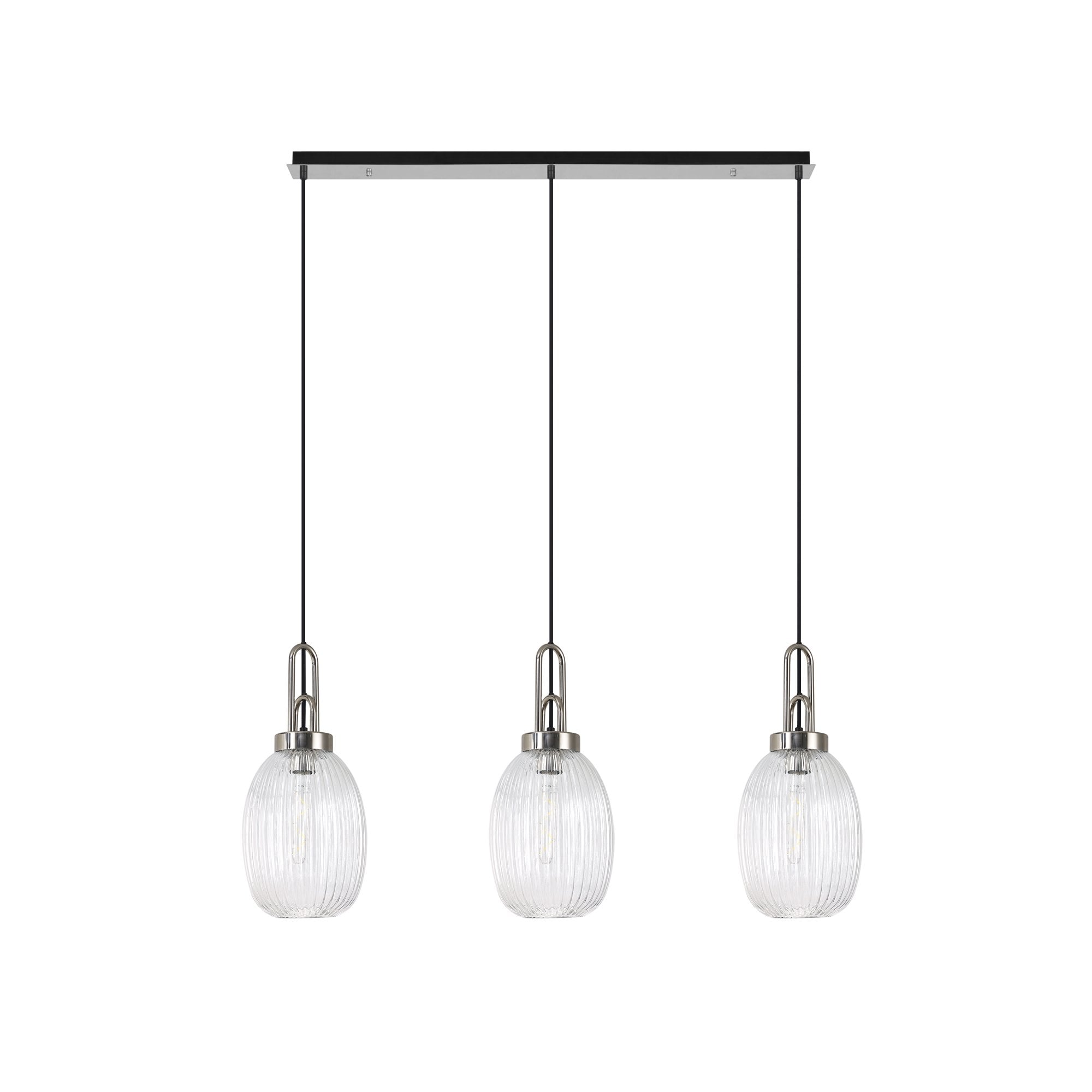 Fabula Springfield 3 Light Linear Pendant - 20cm Almond Ribbed Glass Shades - Polished Nickel & Clear Glass
