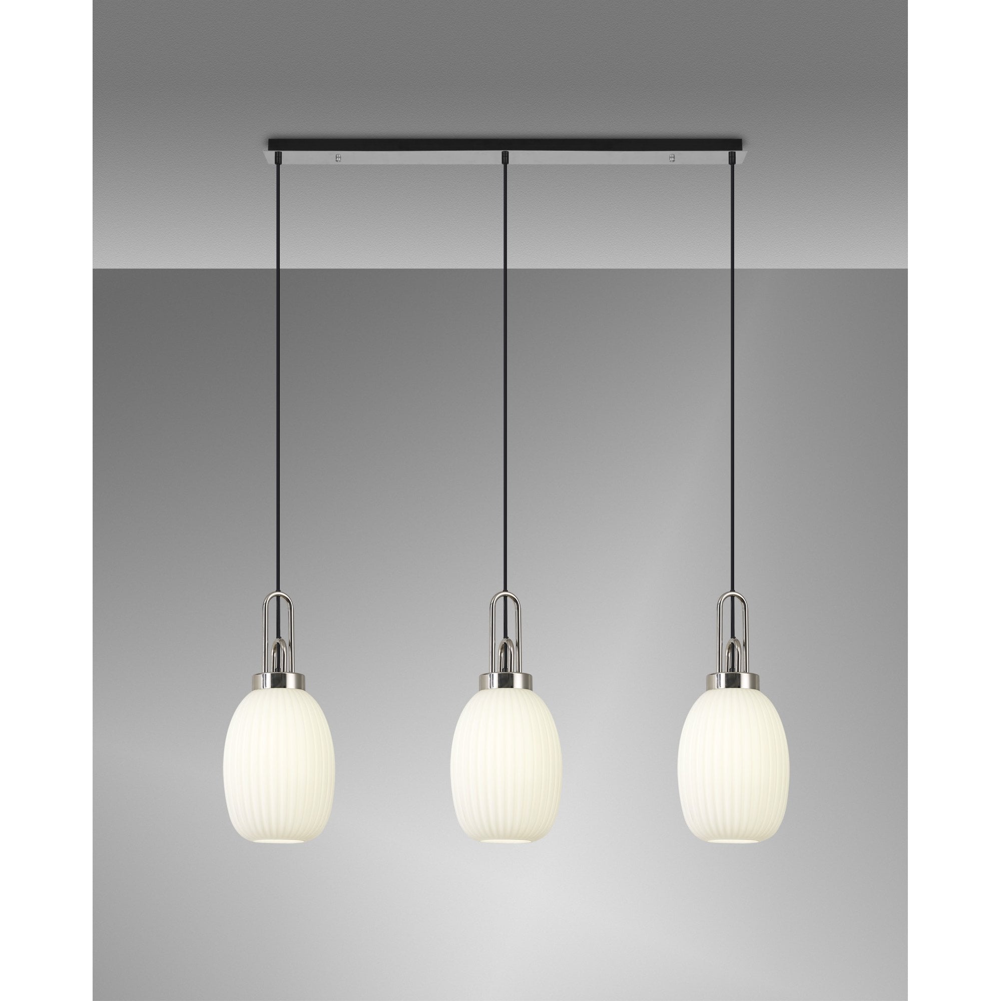 Fabula Springfield 3 Light Linear Pendant - 20cm Almond Ribbed Glass Shades - Polished Nickel & Opal Glass