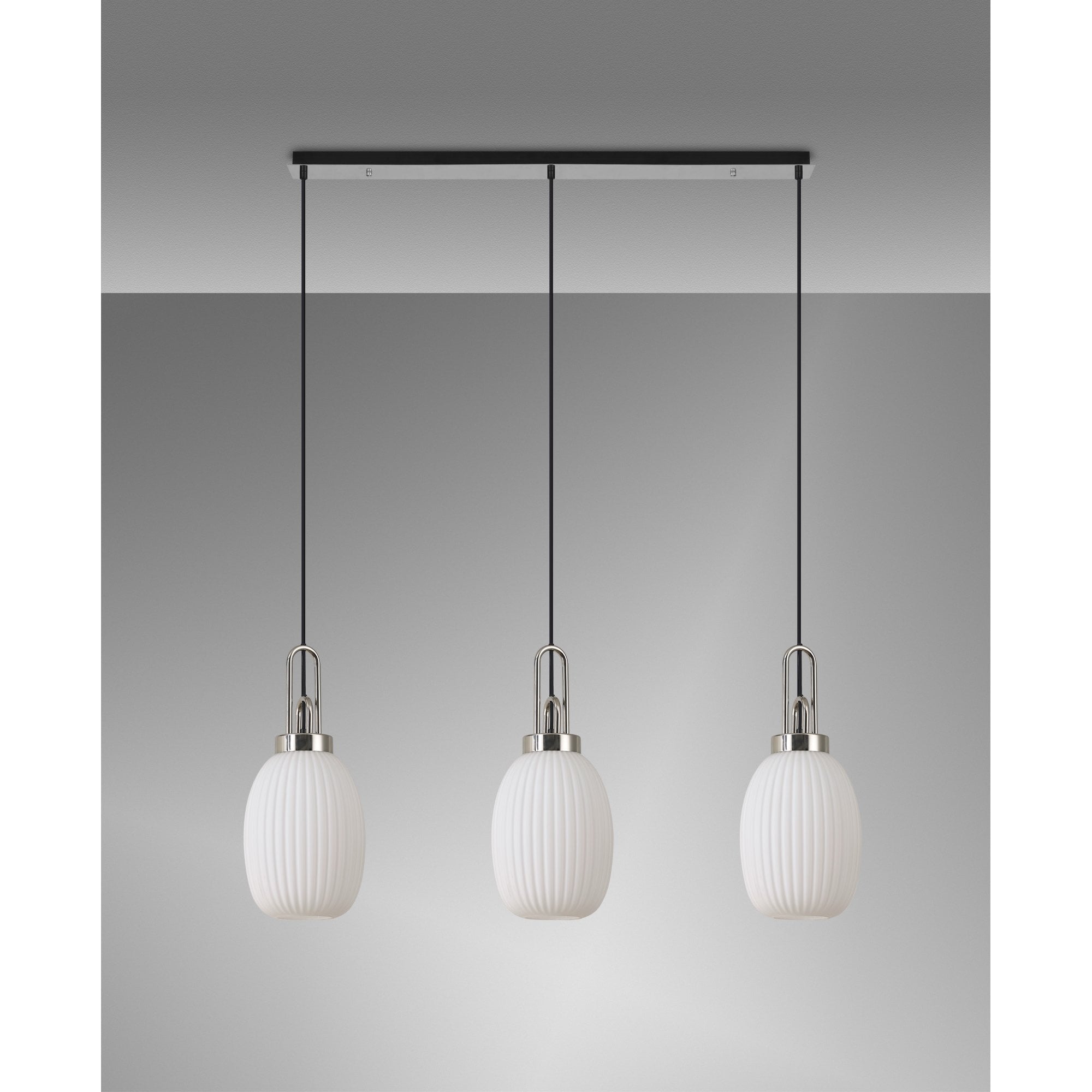 Fabula Springfield 3 Light Linear Pendant - 20cm Almond Ribbed Glass Shades - Polished Nickel & Opal Glass